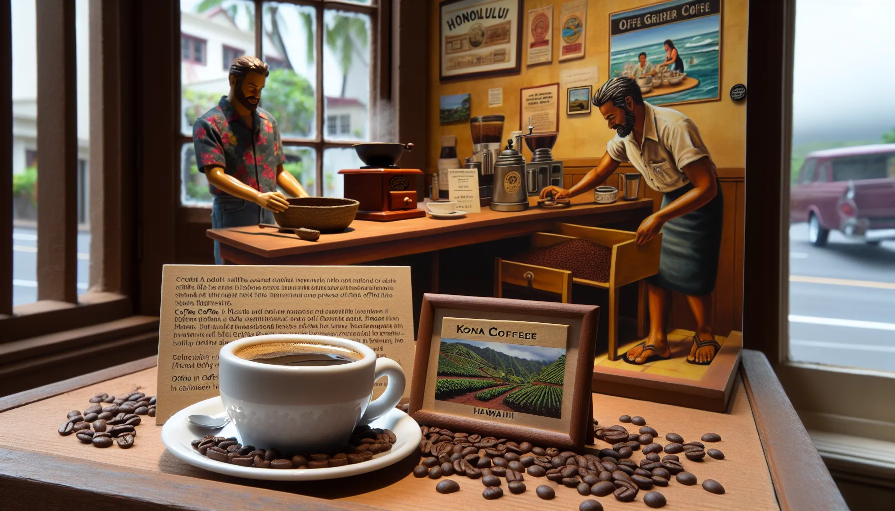 A display featuring Honolulu coffee with a cup, coffee beans, and historical information.