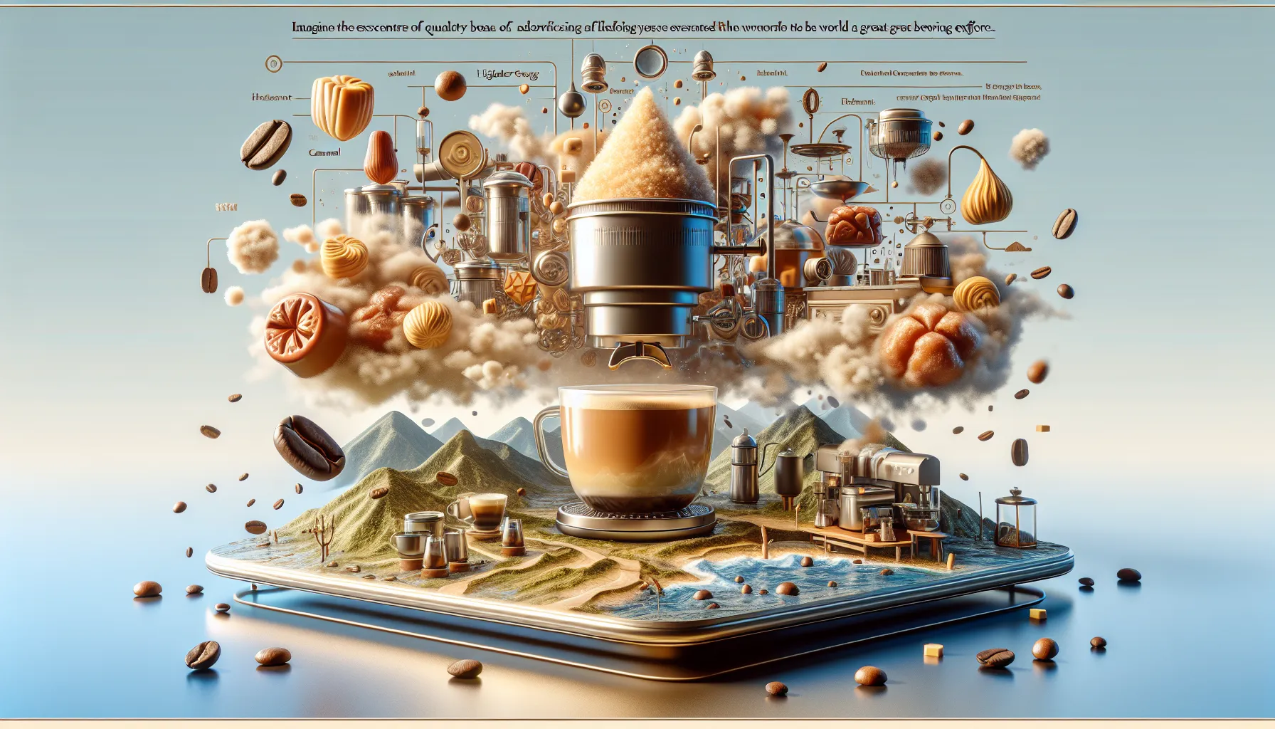 A surreal illustration featuring a large glass of coffee at the center, surrounded by a whimsical landscape of mountains, coffee beans, and various coffee-making devices. Above, clouds of steam and ingredients float, including sugar, chocolate, and pastries, creating a dynamic composition that emphasizes the art of coffee brewing.