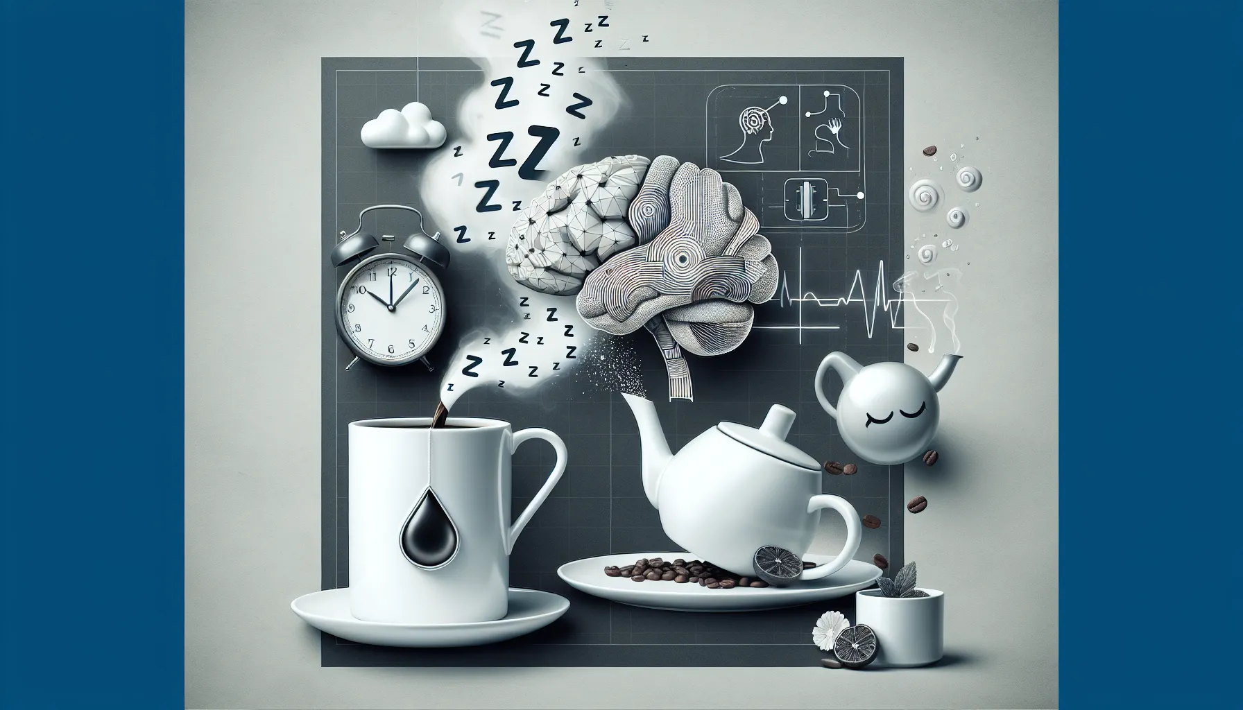 A creative illustration featuring a clock showing 10:10, a steaming white cup with a droplet design, and a white teapot with an expressive face. The background includes a stylized brain with sleep symbols, coffee beans, and graphical elements like clouds, a heartbeat line, and a brainwave diagram, all integrated into a muted color palette.