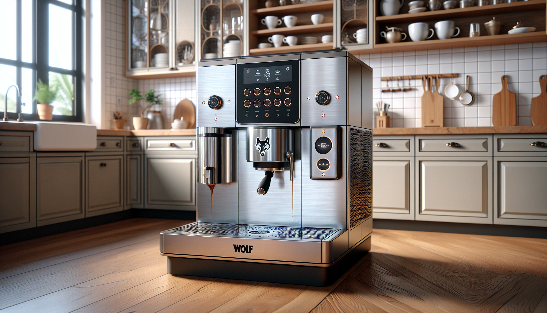 A sleek, silver Wolf espresso machine sits on a wooden kitchen floor, showcasing its modern design with various controls and a prominent logo. Behind it, a well-organized kitchen features wooden cabinets, potted plants, and an apron sink, creating a warm atmosphere filled with natural light.