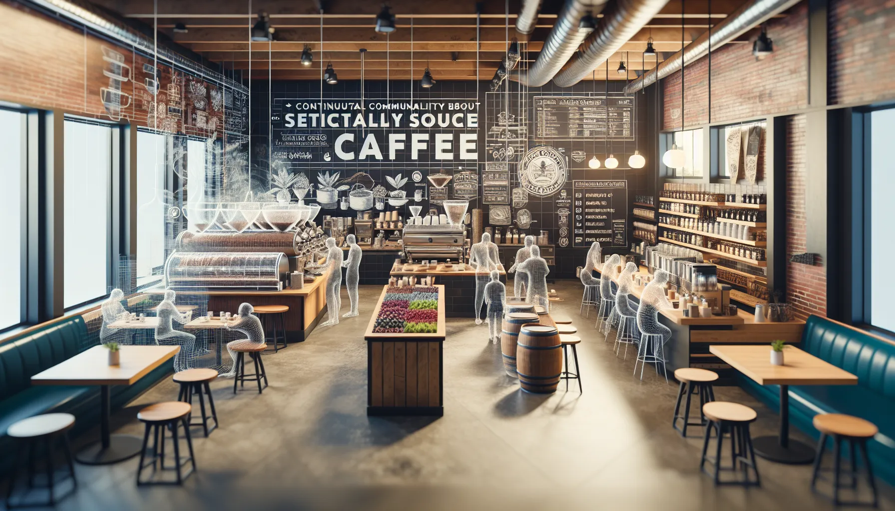 A modern coffee shop interior featuring a spacious layout with wooden tables, bar stools, and cozy seating. The walls are adorned with chalkboard art and menus related to coffee. A coffee brewing area is visible with various coffee-making equipment. Transparent silhouettes of people are seated and standing throughout the café, giving a lively atmosphere. Natural light streams in through large windows, enhancing the warm ambiance.