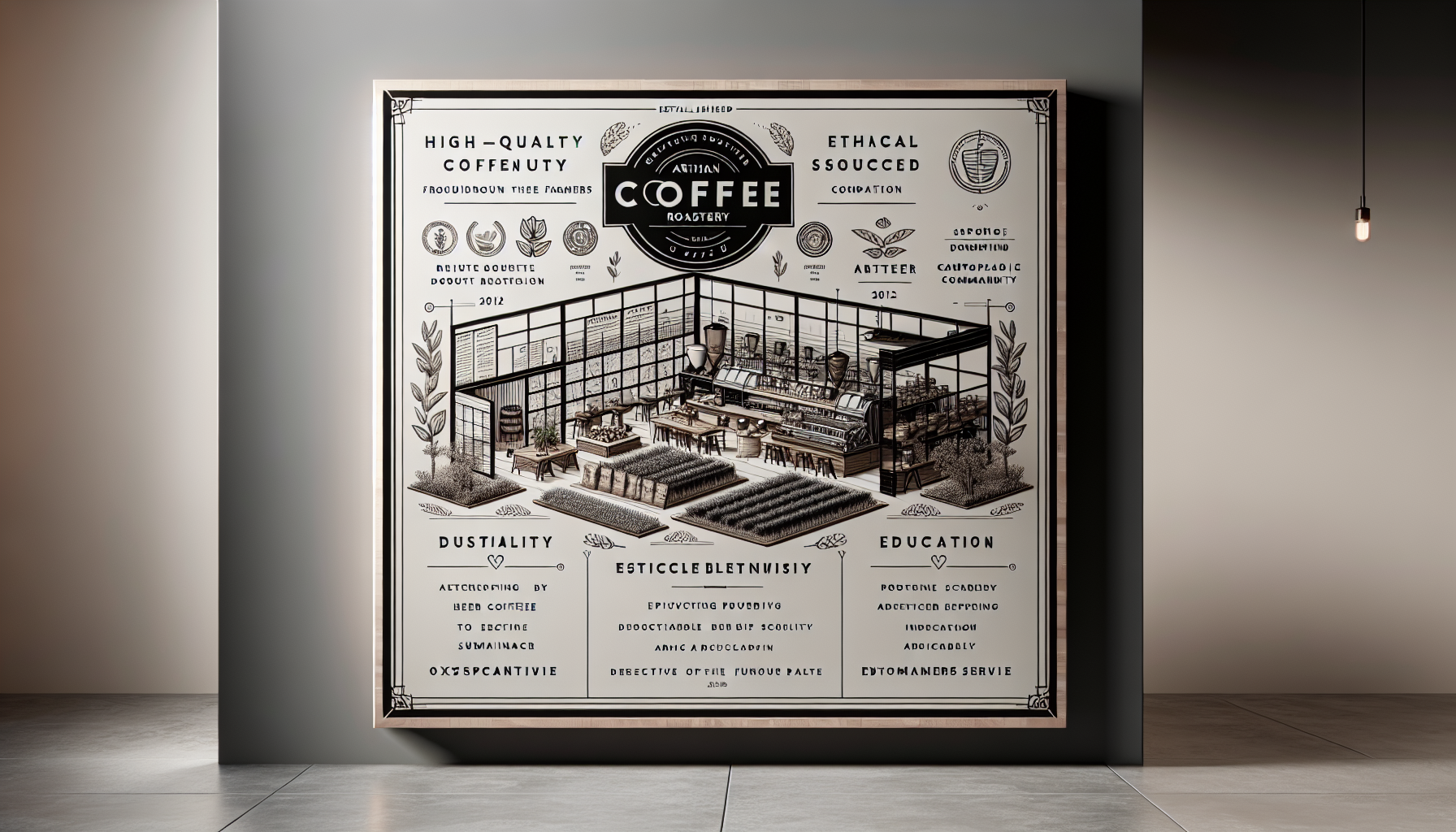 A large, framed poster on a wall features detailed artistic illustrations and text promoting a coffee roastery. The design includes elements like coffee beans, brewing equipment, and plants, divided into sections titled 