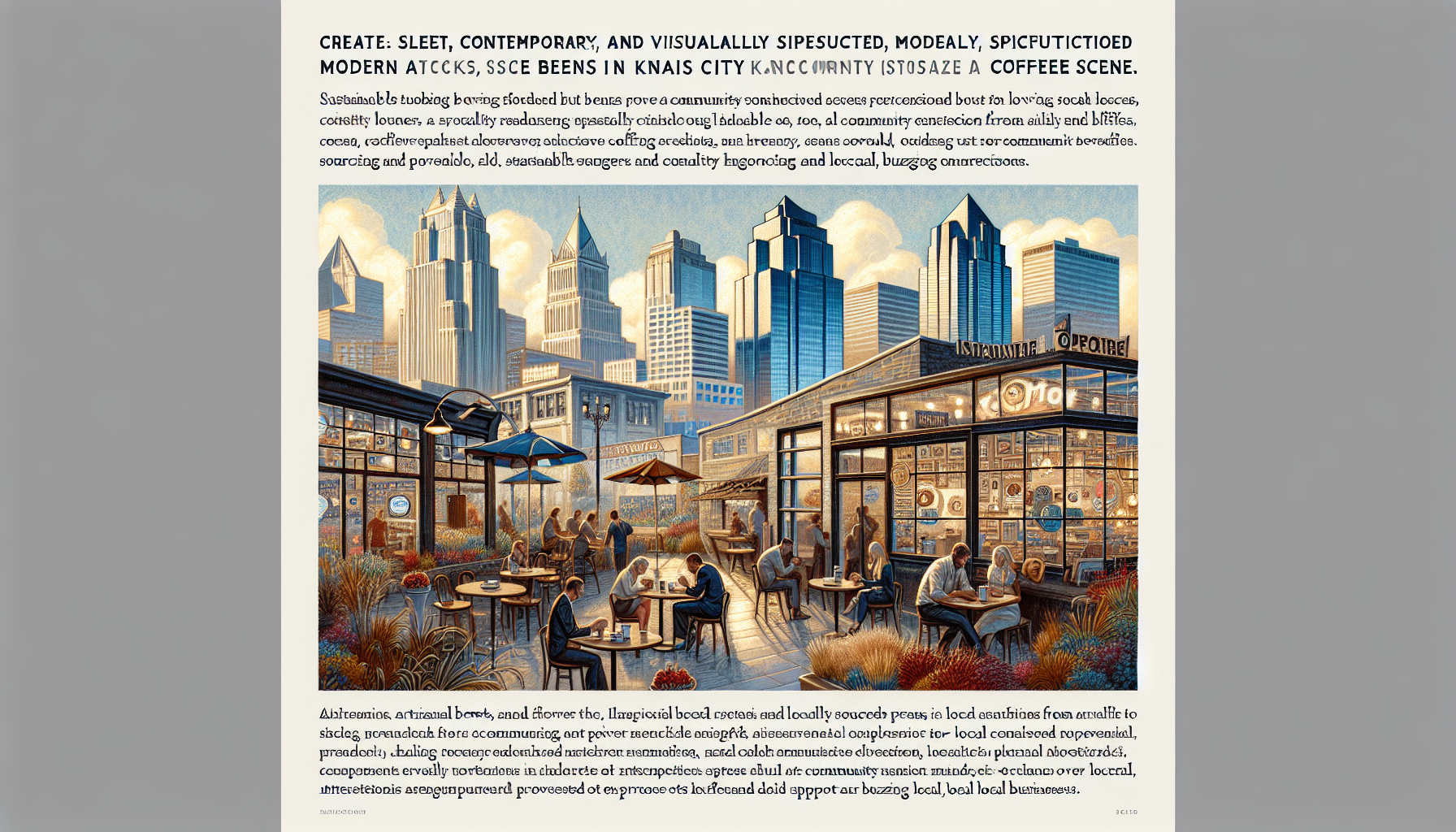 An illustration of a vibrant coffee scene featuring outdoor seating at a café, with patrons enjoying their drinks and food amidst lush greenery and plants. The backdrop showcases a skyline of modern skyscrapers, emphasizing a contemporary urban setting. The café's large glass windows display various coffee products, inviting a social and lively atmosphere. Decorative elements include umbrellas over tables and planters, enhancing the inviting environment.