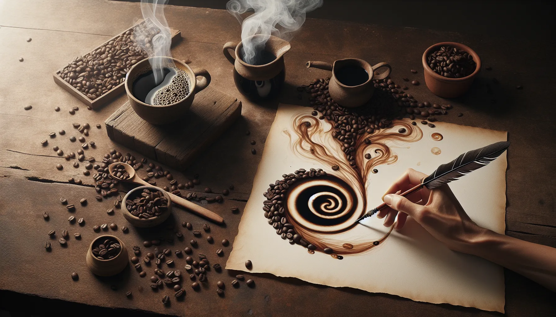 A warm coffee aesthetic featuring coffee beans, steaming cups, and artistic coffee designs.