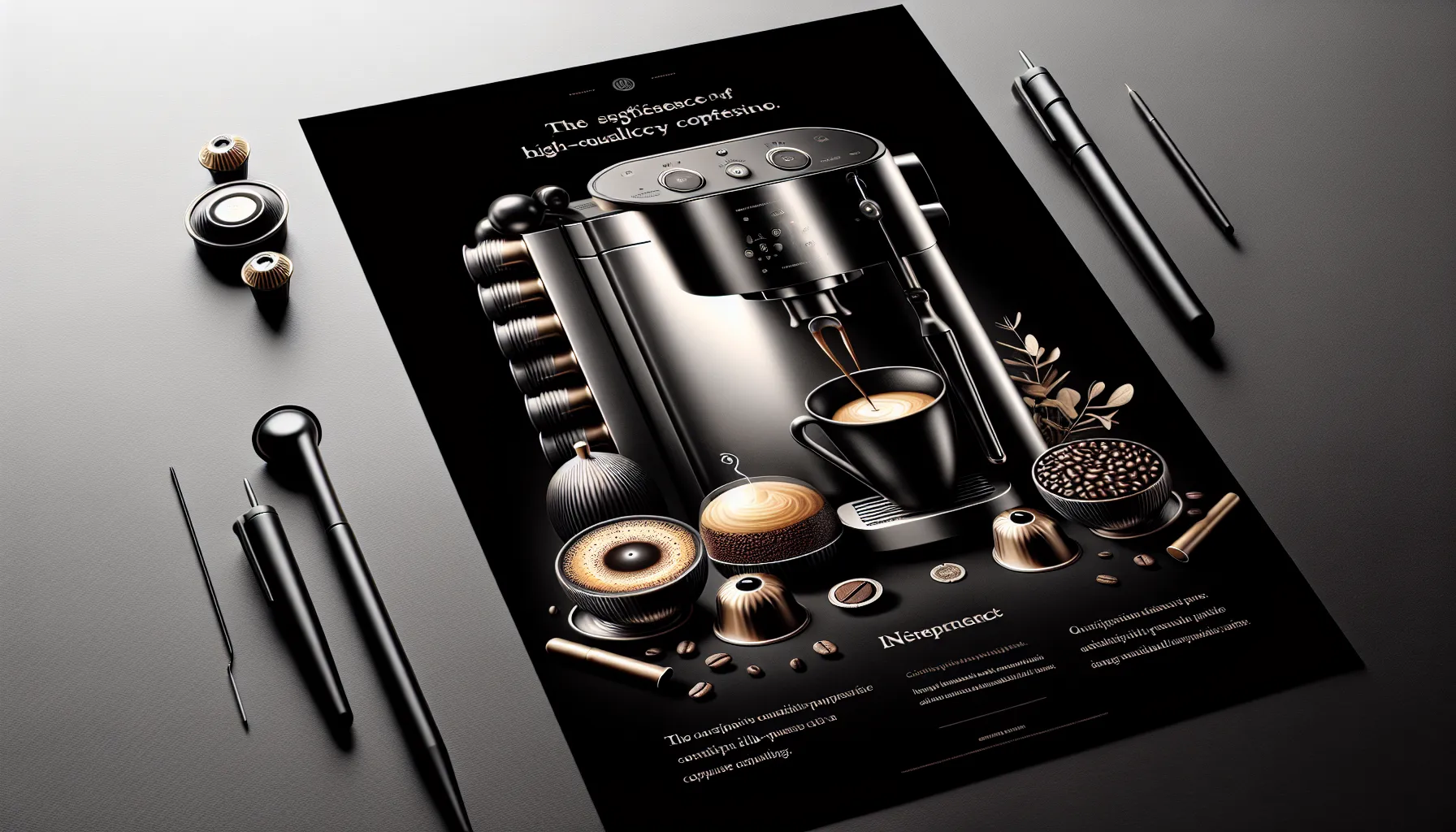 A sleek coffee machine sits at the center of a minimalist design, surrounded by coffee capsules, a steaming cup of coffee, coffee beans, and decorative elements. Various black pens and tools are placed around, enhancing the sophisticated aesthetic of high-quality coffee preparation. The text above the machine reads, 