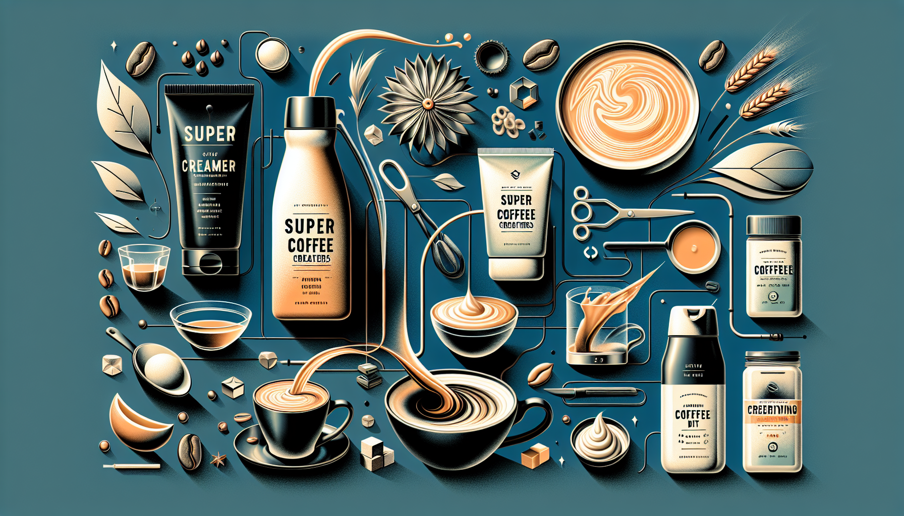 An illustrated layout featuring various coffee-related products, including bottles of coffee creamer, Super Coffee, and powdered coffee. There are also coffee cups, beans, measuring spoons, and decorative elements like leaves and wheat, all creatively arranged against a dark teal background. The design showcases a mix of textures and colors associated with coffee preparation and enjoyment.