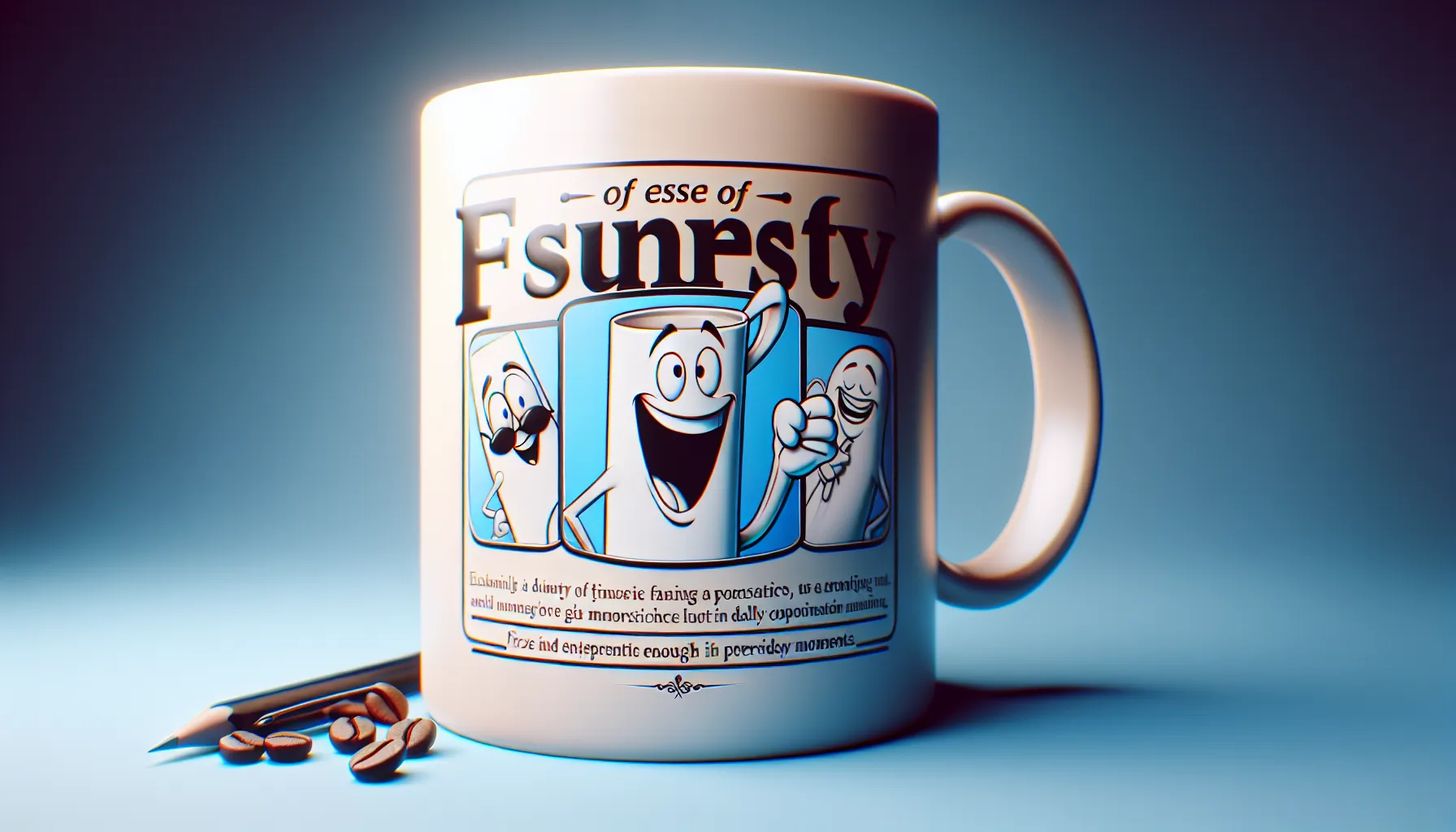 A white coffee mug featuring playful cartoon illustrations of cheerful mugs with smiles, one wearing a mustache, surrounded by whimsical text that discusses humor and the importance of coffee. In the foreground, there are scattered coffee beans and a pencil on a soft blue background.