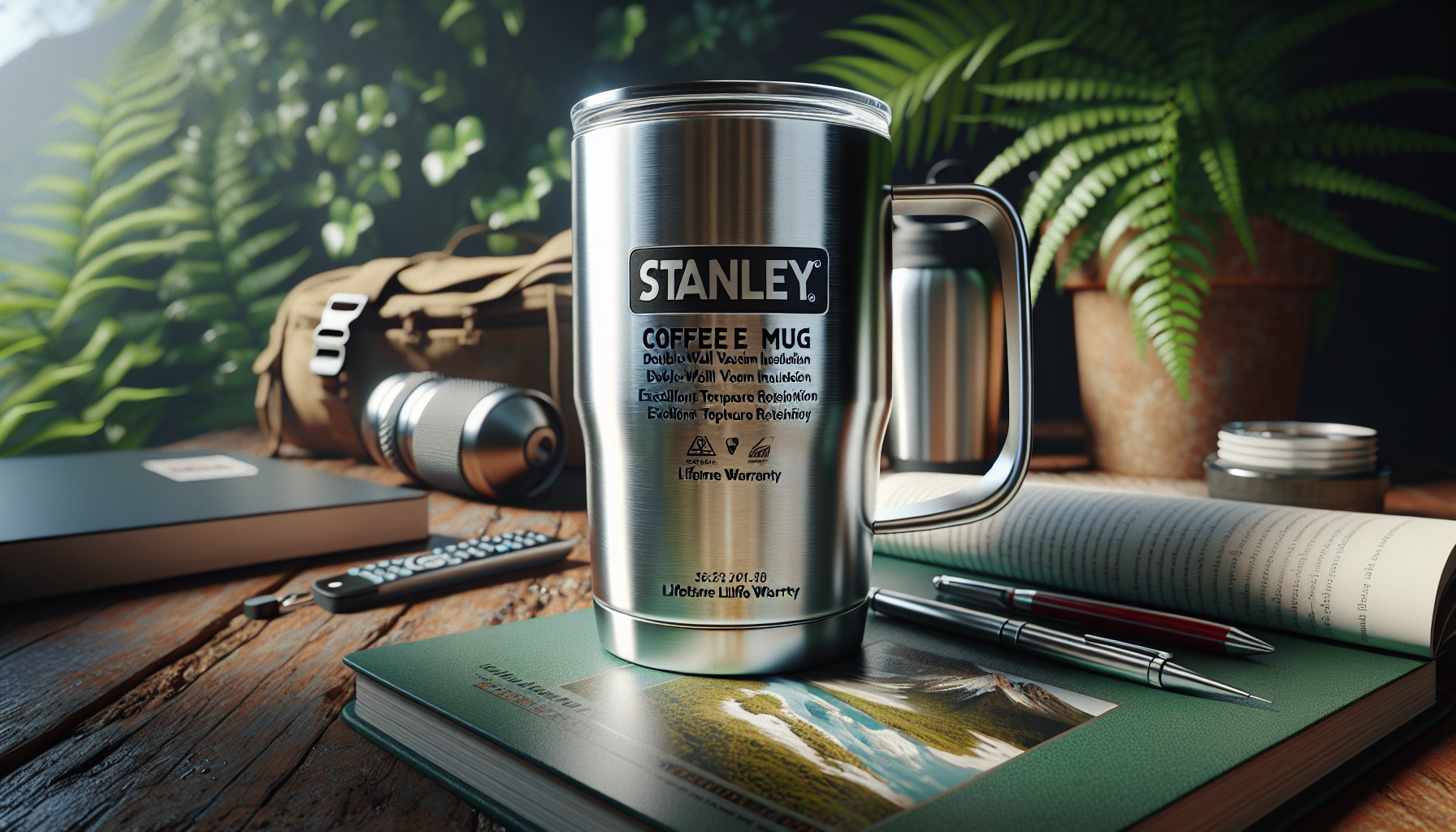 A stainless steel Stanley coffee mug sits on a wooden table, surrounded by a backpack, a camera, a remote control, an open book with a scenic photo on the cover, and a notebook with a green cover. Various ferns and a potted plant are in the background, creating a natural, cozy atmosphere.