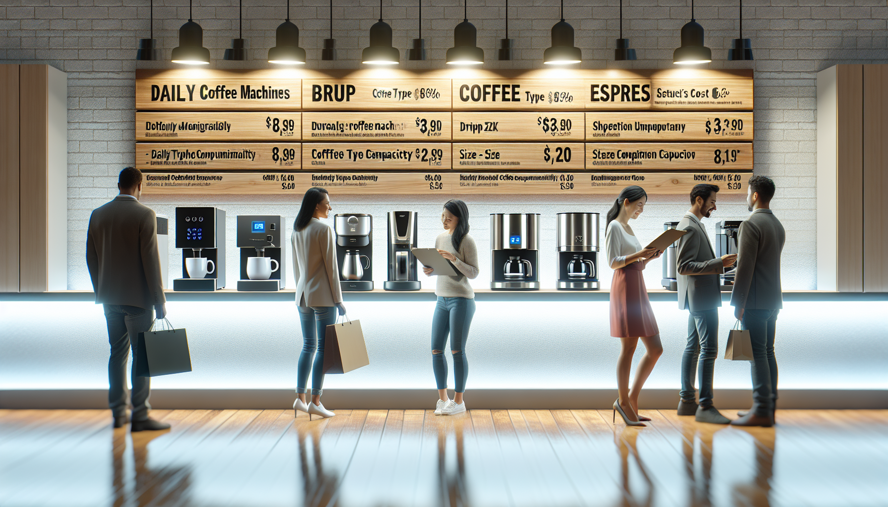 A modern coffee shop featuring a menu board with various coffee machine options and prices. Several customers are interacting in the foreground, with two women discussing over a clipboard and two men engaging in conversation. The shop has a sleek design with wooden accents and bright, warm lighting, highlighting the coffee machines displayed on the counter.