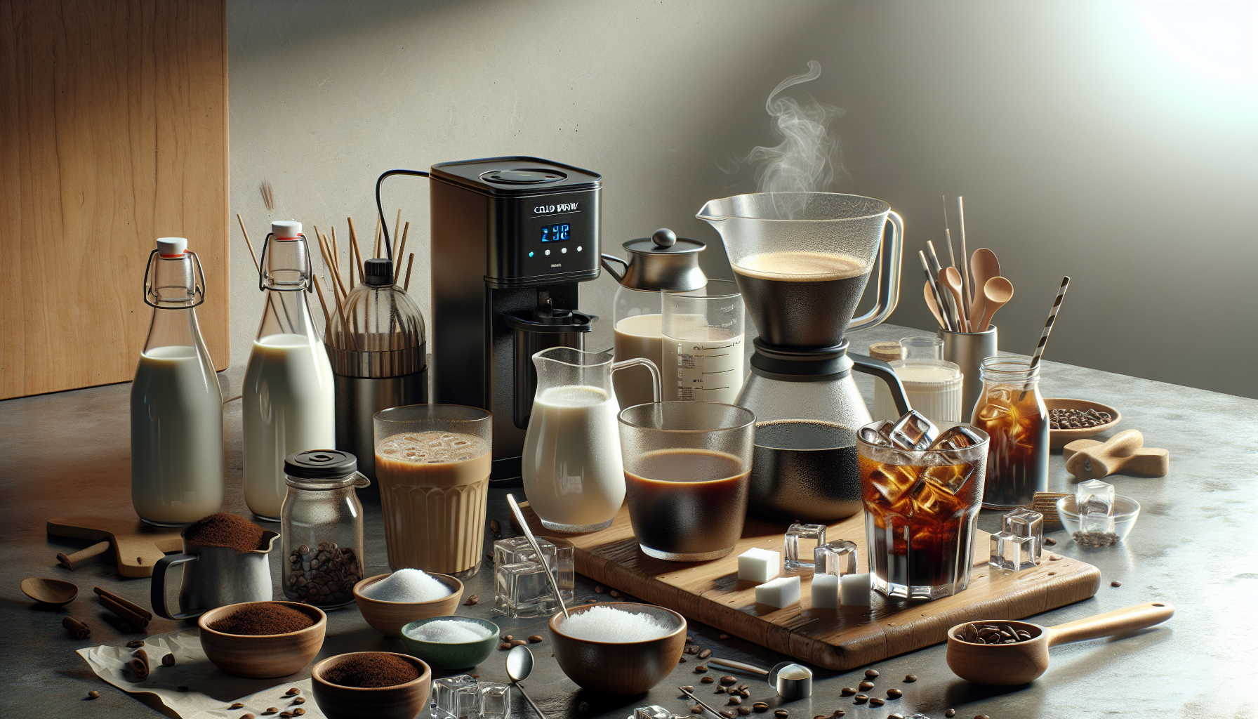 A well-arranged coffee preparation scene featuring a variety of ingredients and equipment, including glass jars of milk, coffee, and sugar, a cold brew coffee maker, glasses of iced coffee, coffee grounds, and wooden utensils, all set on a wooden and stone surface with soft lighting.