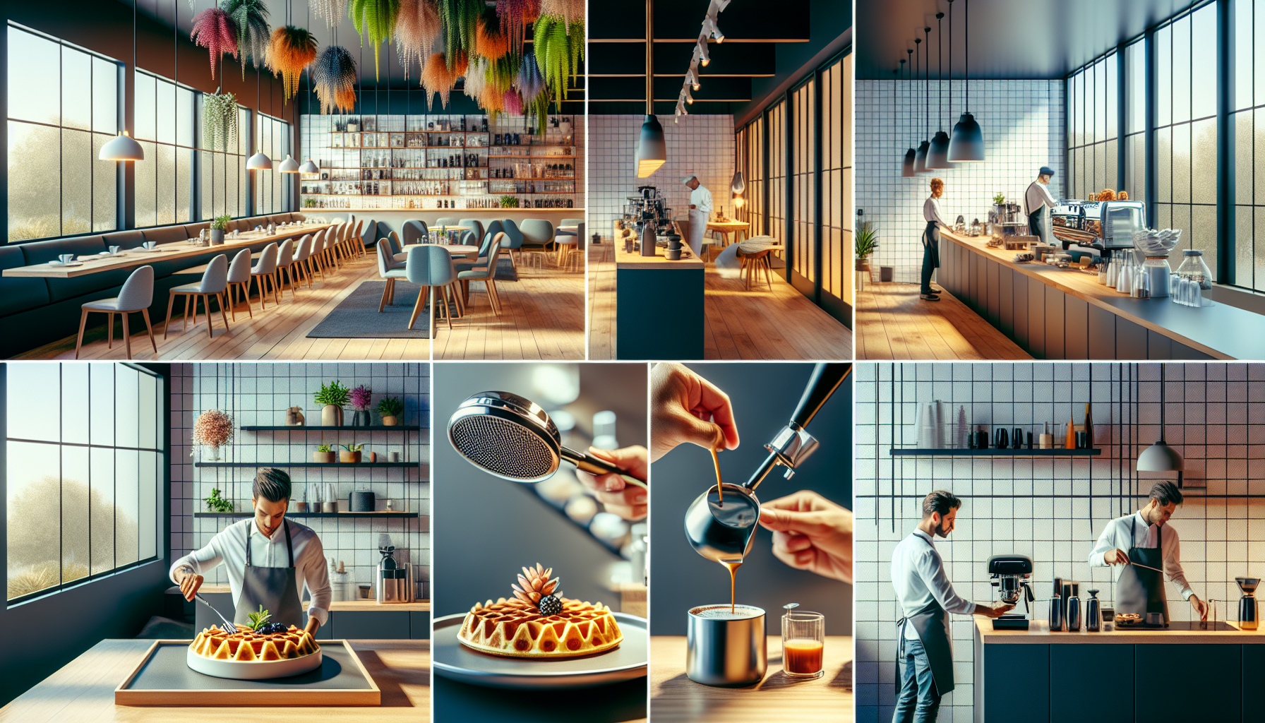 A modern café interior with large windows, stylish wooden furniture, and vibrant hanging plants. The upper sections show a spacious seating area and a barista preparing coffee, while the lower sections focus on a chef decorating a dessert and close-ups of coffee-making equipment and ingredients.