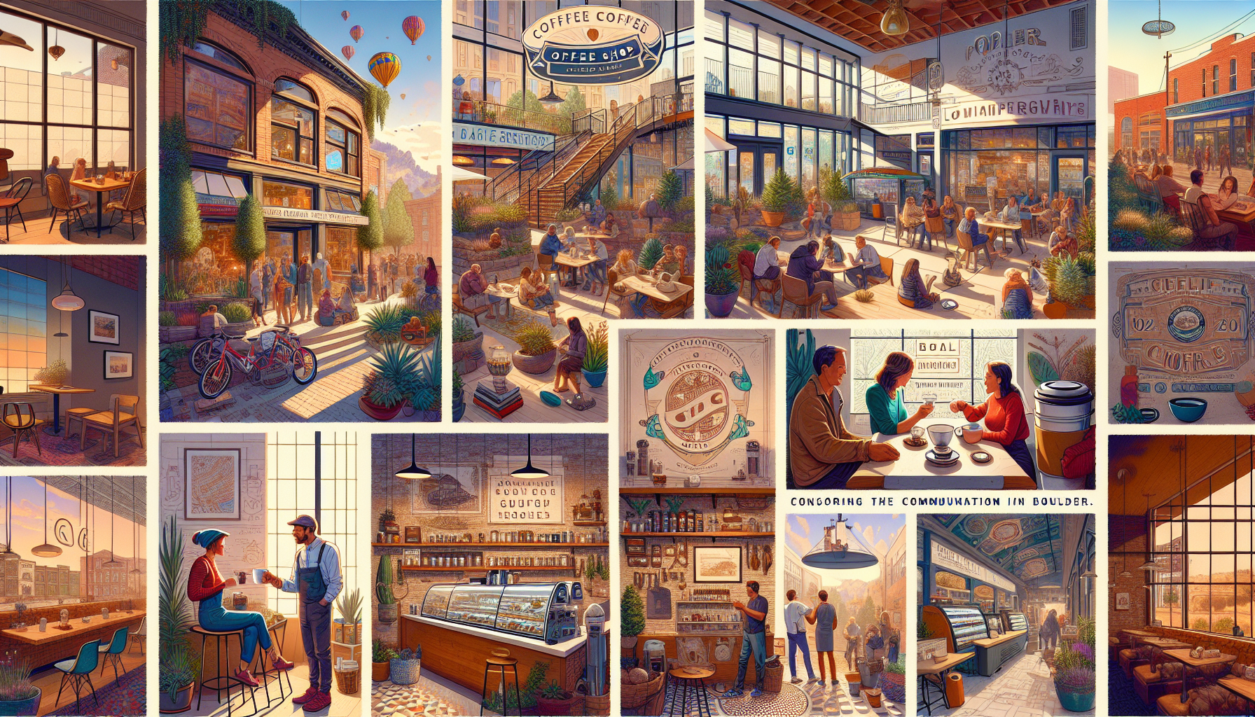 A vibrant collage depicting a coffee shop scene with various indoor and outdoor spaces. It features people socializing, enjoying coffee, and relaxing in a sunny environment. The architecture is modern and inviting, with large windows, plants, and murals. Elements like bicycles, hot air balloons in the sky, and a cozy atmosphere highlight the community vibe, suggesting a bustling hub of social interaction and creativity.