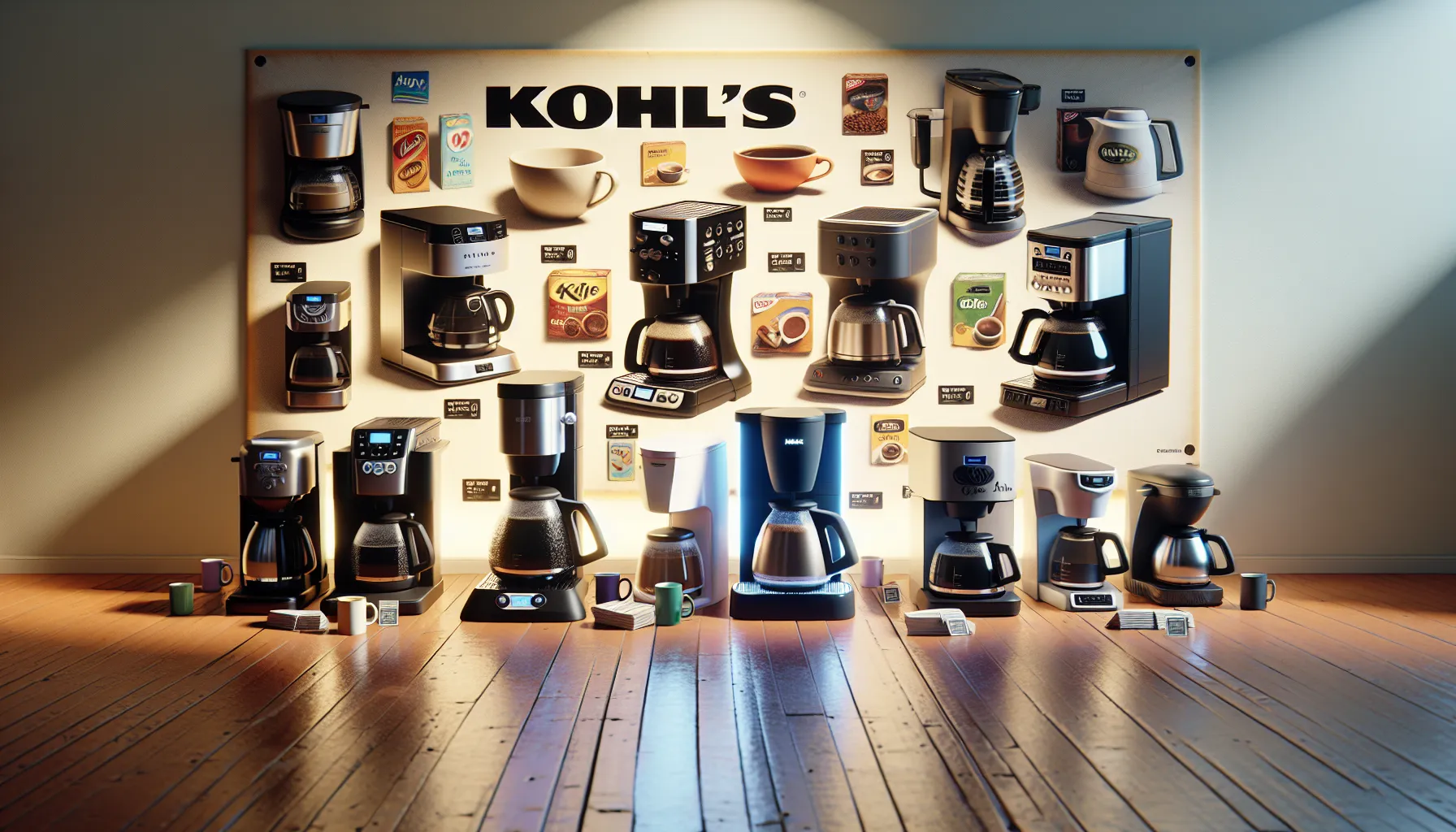 A display showcasing various Kohls coffee makers on a wall with informative labels underneath.