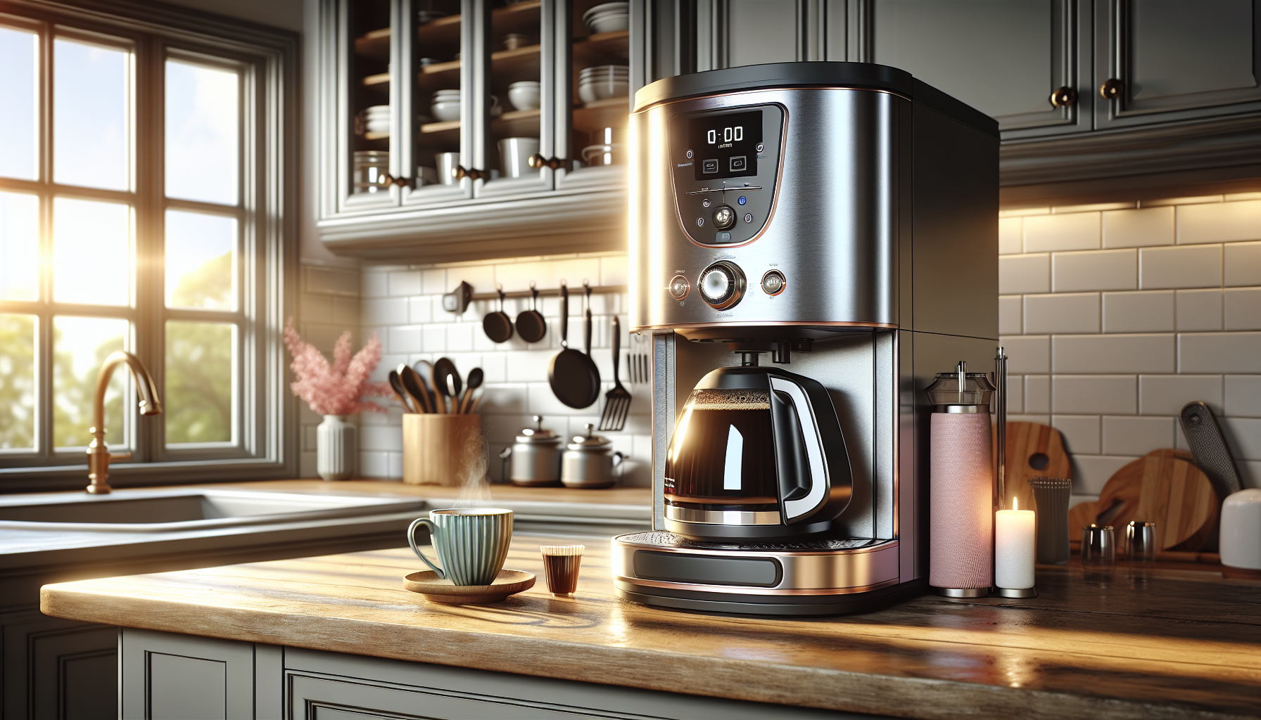 A modern coffee maker sits on a wooden kitchen countertop, with a steaming cup of coffee and a small glass beside it. The kitchen features a bright window with sunlight shining in, a sink, pink flowers in a vase, and various kitchen utensils hanging on the wall. The cabinets are a soft gray, and the overall setting exudes a warm and inviting atmosphere.