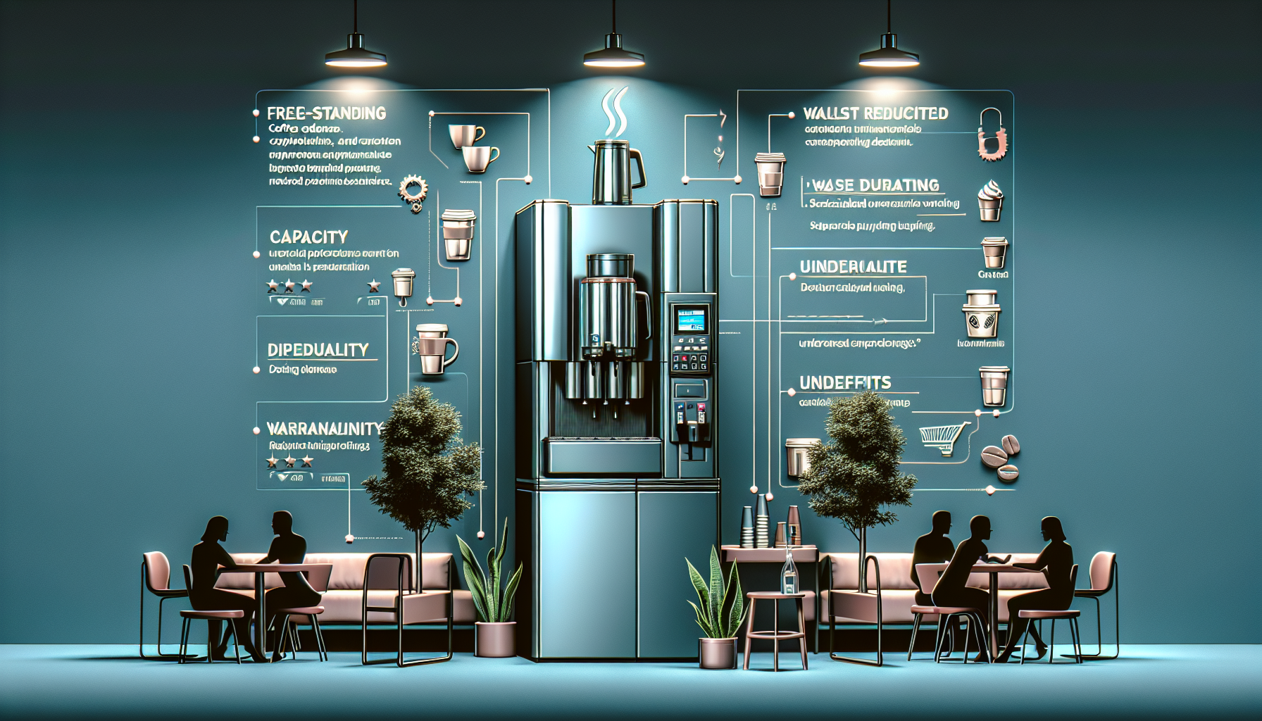 A modern coffee machine is prominently displayed against a teal wall, flanked by outlines of various coffee cups and brewing equipment. Information about the machine's features, including its capacity, durability, and design benefits, is presented in stylish typography. Two individuals are seated at a round table nearby, engaged in conversation, surrounded by greenery and contemporary furniture.