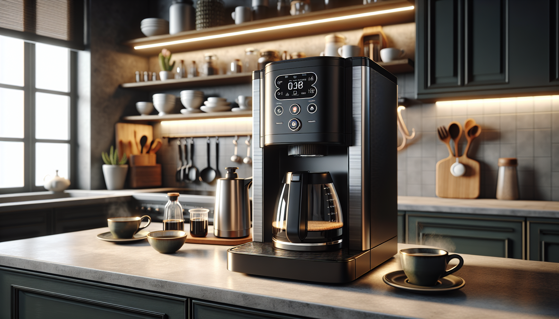 A modern coffee maker with a digital display is prominently featured on a kitchen countertop, surrounded by various kitchen utensils and a neatly arranged shelf of dishes. Two steaming cups of coffee sit on the counter, with a glass coffee carafe and a small container nearby. Natural light shines through a window, enhancing the contemporary, cozy atmosphere of the kitchen.