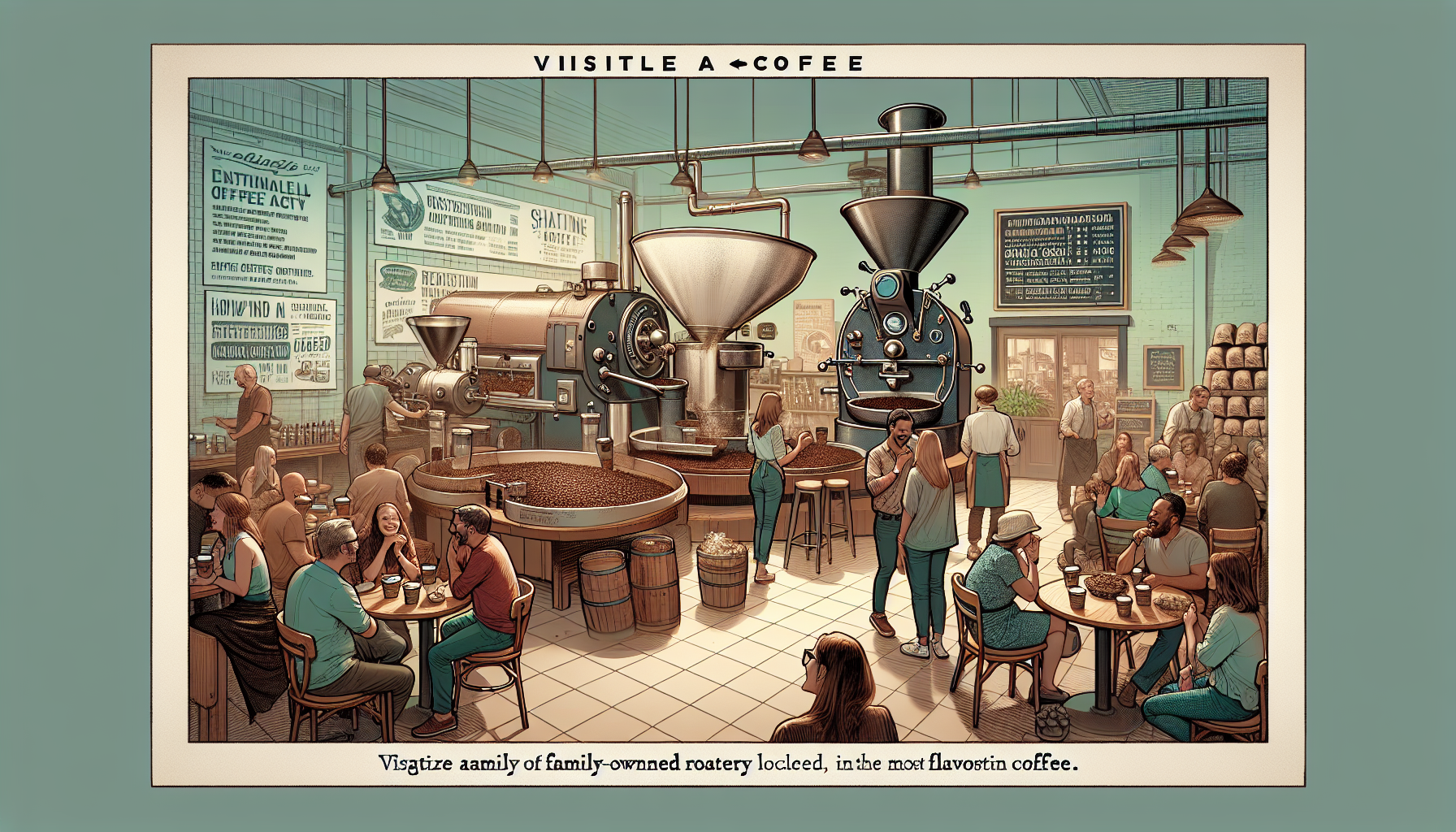 A vibrant coffee roastery scene depicting a busy interior with large coffee roasters, customers enjoying drinks at tables, and staff interacting. The decor features vintage coffee-related signage, and various people are engaged in conversations, creating a warm, inviting atmosphere.