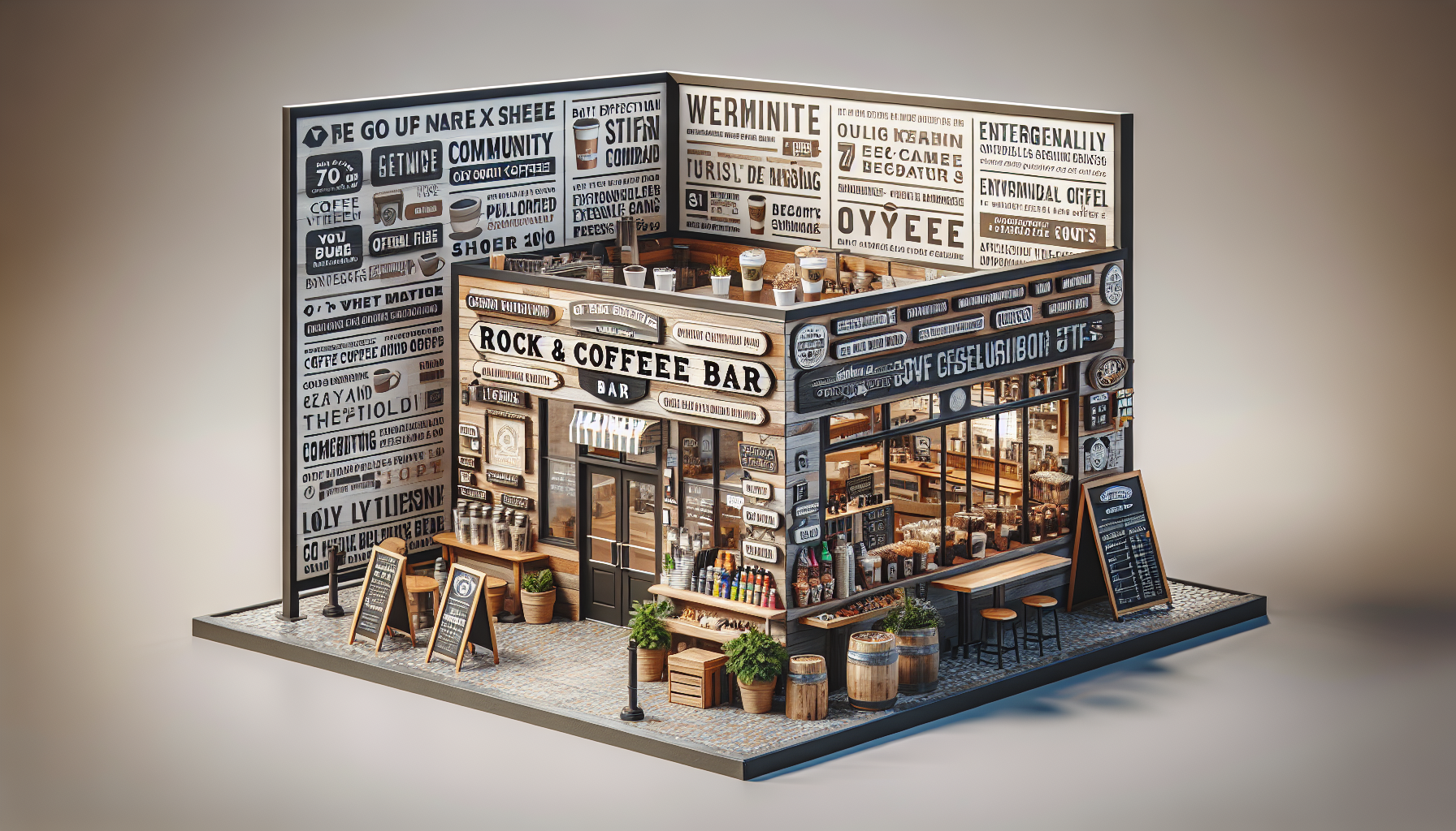 A stylized coffee shop exterior featuring a wooden facade with the words 