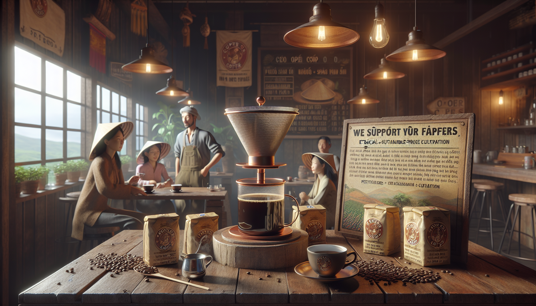 A cozy coffee shop interior featuring a pour-over coffee setup with a metal filter, a cup of freshly brewed coffee, and bags of coffee beans scattered on a wooden table. People are seated around a table, engaging in conversation, while a sign in the background promotes ethical coffee cultivation. Warm lighting and rustic decor enhance the inviting atmosphere.