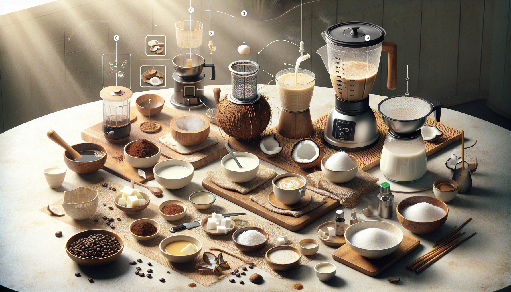 A well-organized assortment of ingredients and equipment for making beverages, displayed on a wooden table. Items include coffee beans, ground coffee, sugar, various types of milk, a blender, a coffee maker, bowls, and utensils like spoons and chopsticks. The arrangement features a blend of textures, including wooden, ceramic, and glass elements, with soft, natural lighting illuminating the scene.