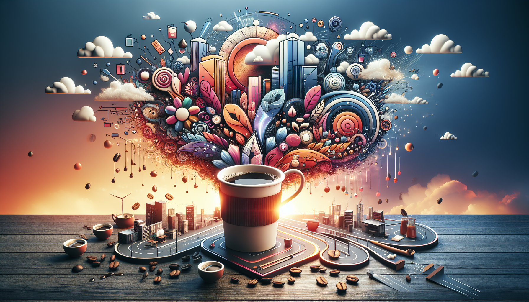 A surreal composition featuring a large coffee cup at the center, surrounded by colorful, whimsical elements including buildings, flowers, leaves, and abstract shapes. The scene is enriched with flying coffee beans and small coffee cups on a wooden surface, with a vibrant sky blending orange and blue hues in the background.