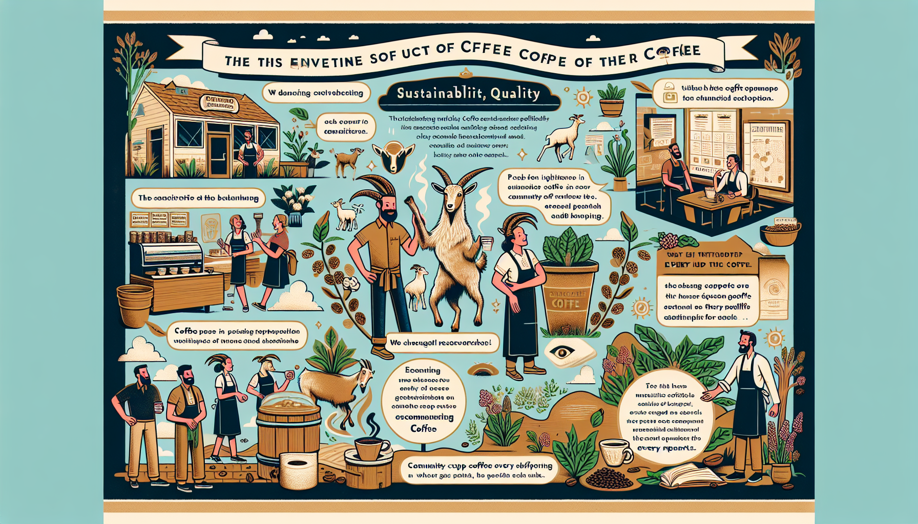 An illustrated infographic about sustainable coffee practices, featuring various scenes: a coffee shop with two baristas, a farmer with a goat, different coffee plants, and individuals discussing coffee. Key themes include sustainability, community impact, and quality assurance in coffee production, accompanied by decorative elements like plants and coffee cups throughout the design.