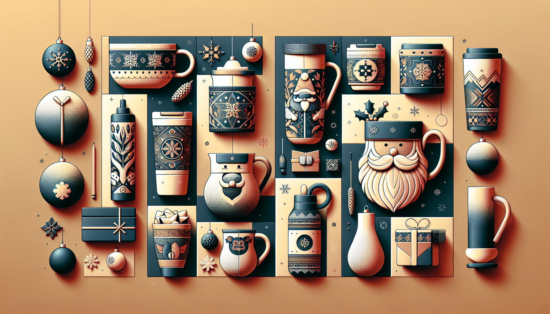 A festive arrangement of various themed mugs, bottles, and ornaments in a warm color palette. The design includes holiday motifs such as snowflakes, reindeer, and a Santa Claus mug, complemented by decorative elements like pinecones, gift boxes, and baubles. Each item features intricate patterns and illustrations, creating a whimsical and cozy atmosphere.