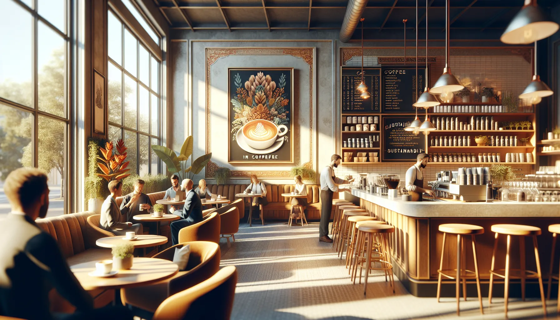 A cozy café interior featuring sunlight streaming through large windows, patrons enjoying ldu coffee at stylish tables, and a barista preparing beverages behind a well-organized counter.