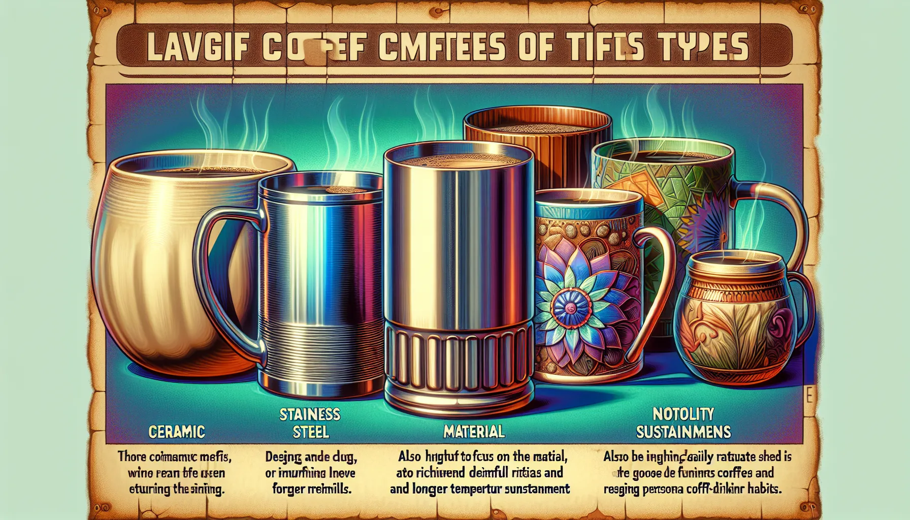 A collection of large coffee mugs in various materials and designs, each steaming with freshly brewed coffee, displayed against a colorful background.