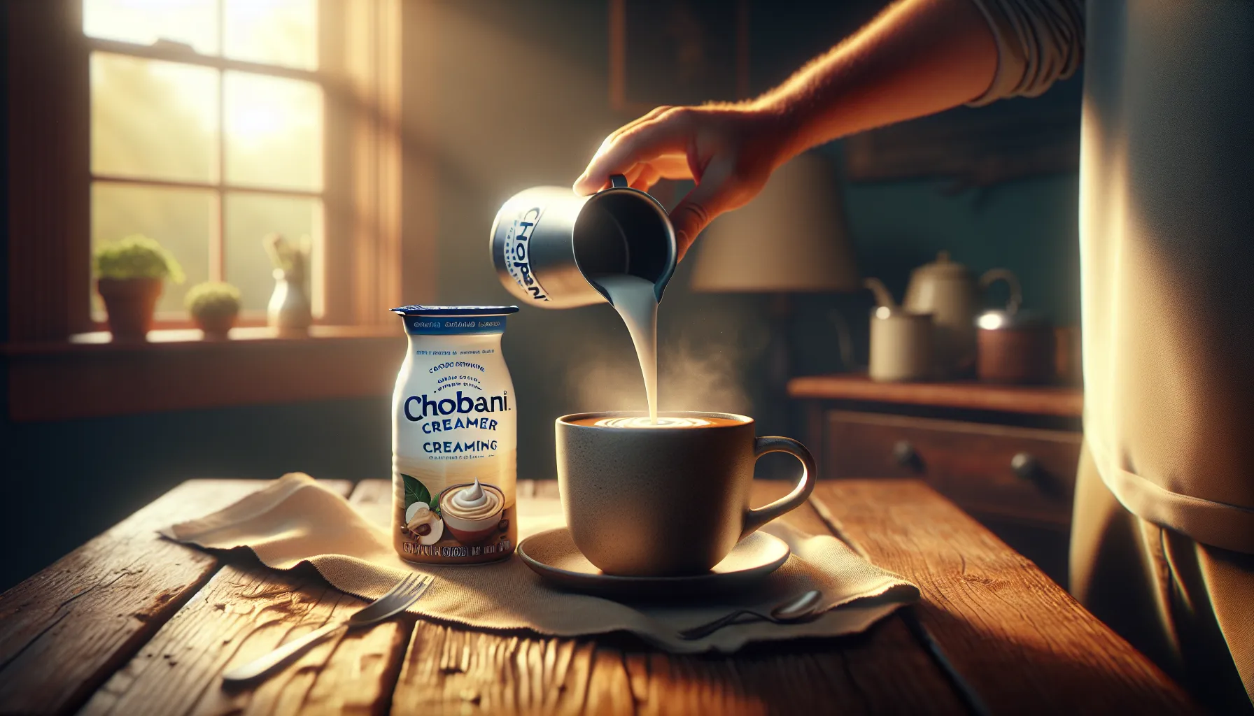 A person pours Chobani coffee creamer into a steaming cup of coffee on a wooden table.