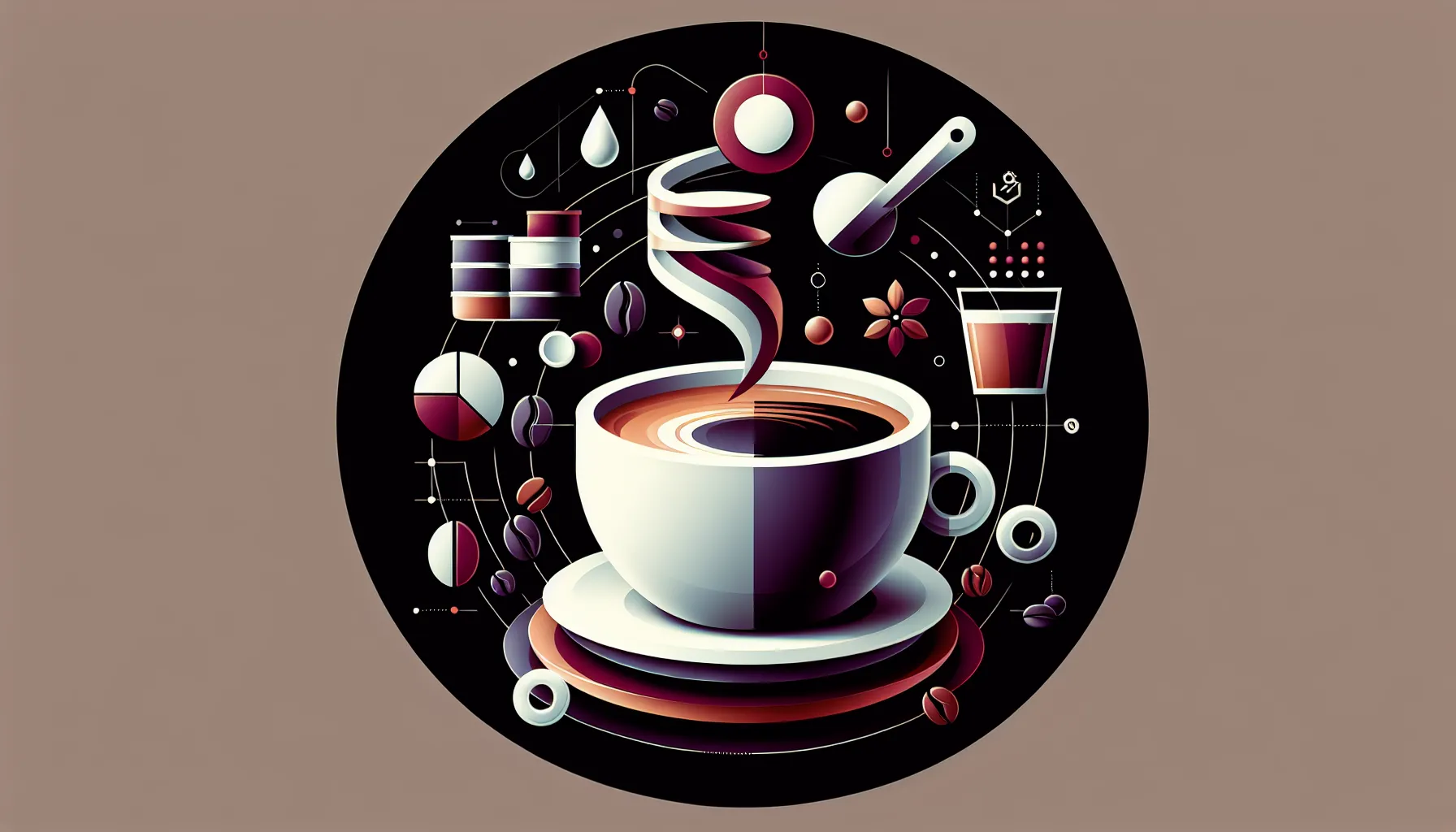 A stylized illustration of a steaming coffee cup on a saucer, surrounded by abstract shapes representing coffee beans, measuring spoons, and liquid droplets against a dark background, with artistic geometrical elements and lines emphasizing the coffee theme.