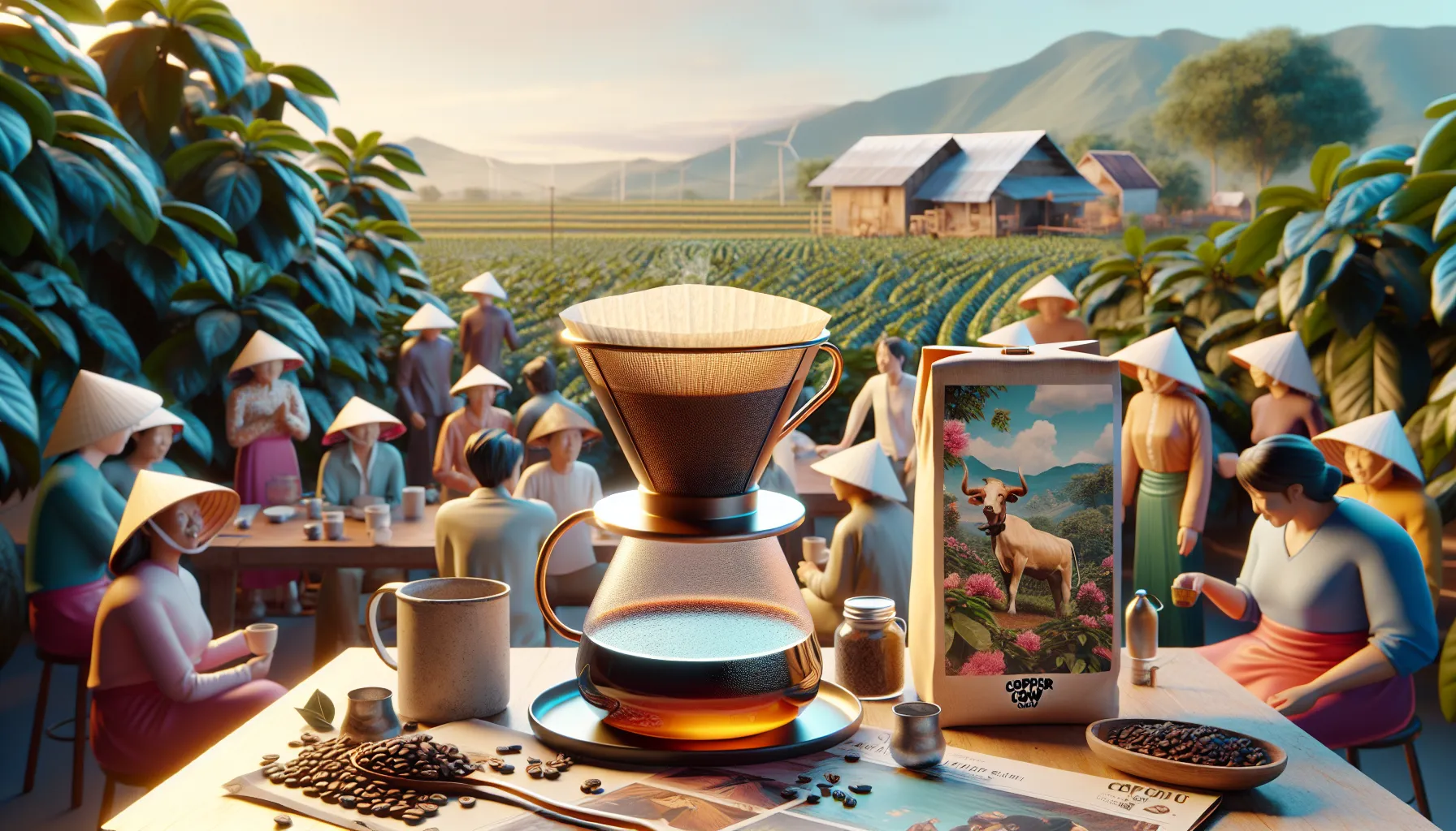 A vibrant scene depicting a coffee brewing setup in the foreground, featuring a drip coffee maker and raw coffee beans, while a group of people wearing traditional conical hats gather at tables. In the background, lush fields and a rural landscape with a farm are visible, with mountains and wind turbines in the distance, creating a serene atmosphere.