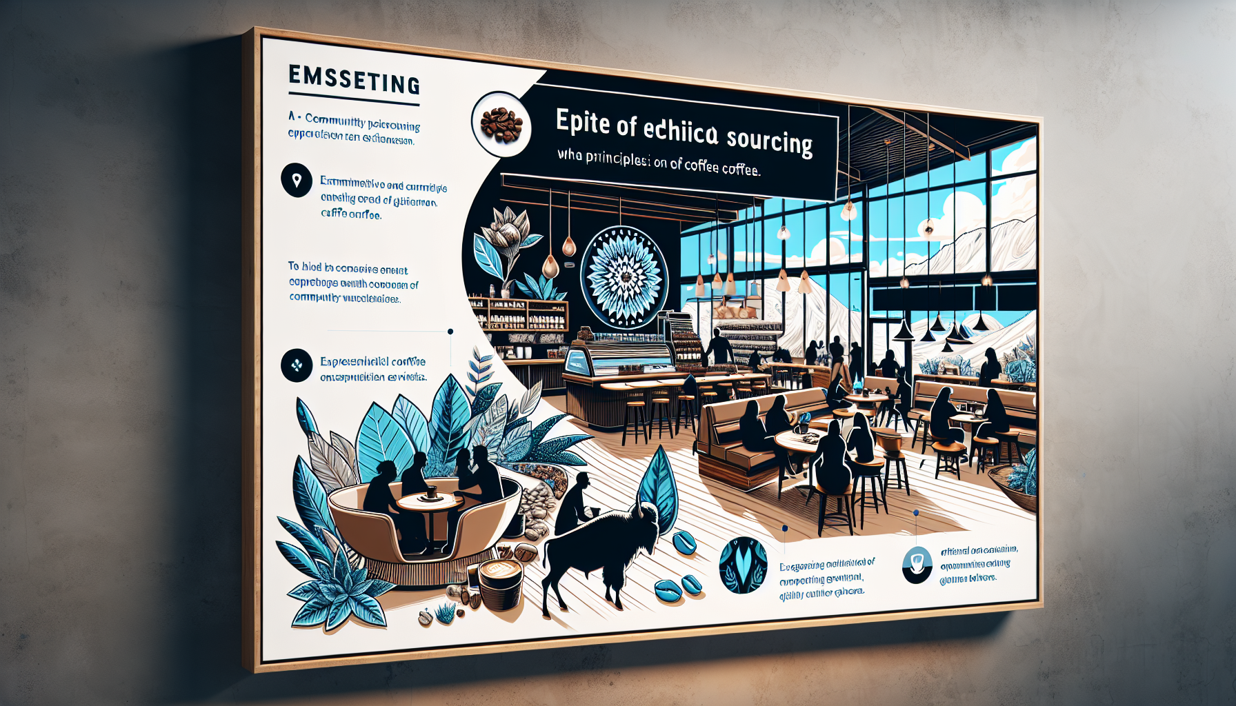 A vibrant illustrated poster depicting the interior of a coffee shop, featuring customers seated at tables, a large display of coffee products, and decorative elements like coffee beans and plants. The poster includes text about ethical coffee sourcing principles, emphasizing community involvement and quality assurance.