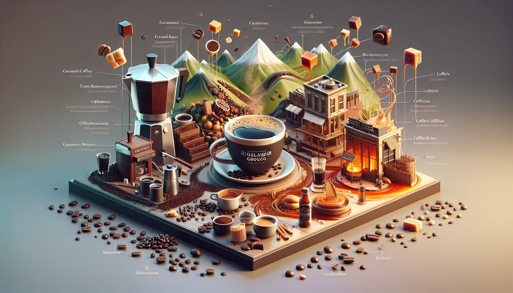 A visually intricate 3D representation of a coffee-themed scene featuring a large cup of coffee at the center, surrounded by coffee beans, various brewing equipment, mountains in the background, and small buildings reminiscent of a coffee shop. Additionally, there are labeled cubes representing different coffee products and elements like steaming mugs, syrup, and scattered coffee grains to enhance the coffee culture aesthetic.