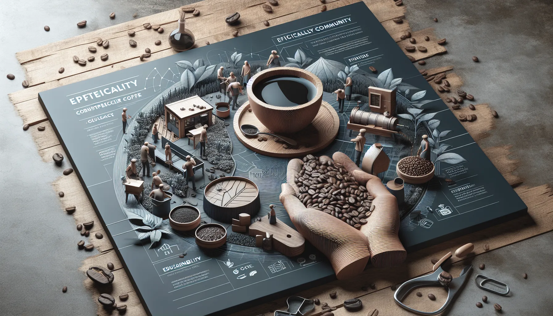 A detailed visual representation of coffee production, featuring a central large cup of coffee surrounded by miniature figures engaged in various activities like harvesting and processing coffee beans. The scene includes artistic elements like hands holding coffee beans, plants, and tools, all arranged on a dark background with informative text about sustainability and community in coffee cultivation. Coffee beans are scattered around, enhancing the theme.