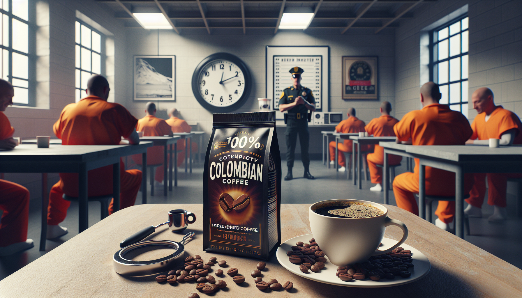 A coffee cup and a bag of 100% Colombian coffee are placed on a wooden table with coffee beans scattered around. In the background, inmates in orange jumpsuits are seated at tables, while a guard stands nearby, observing the room decorated with a clock and framed pictures.