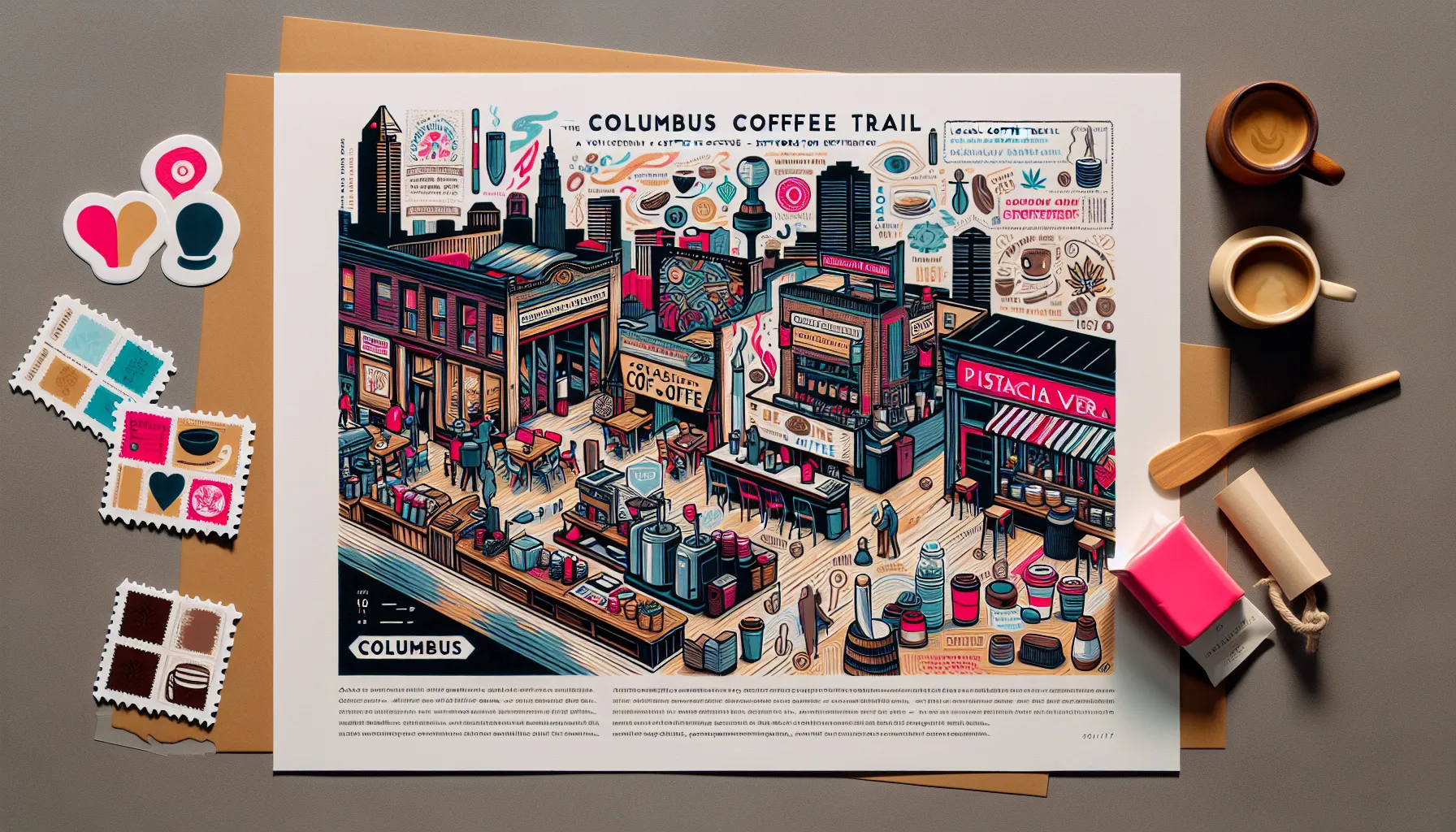 Illustration depicting the vibrant scene of coffee shops Columbus Ohio on a coffee trail map.