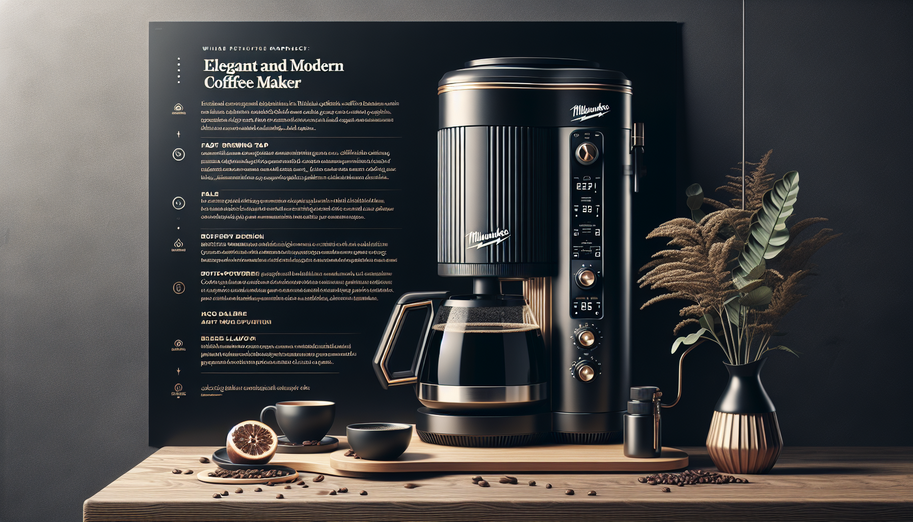 A sleek black coffee maker with gold accents is positioned on a wooden table, next to two dark cups and a dish of coffee beans. In the background, a modern informational panel outlines the coffee maker's features. A vase with green leaves and decorative plants adds a touch of elegance to the scene.