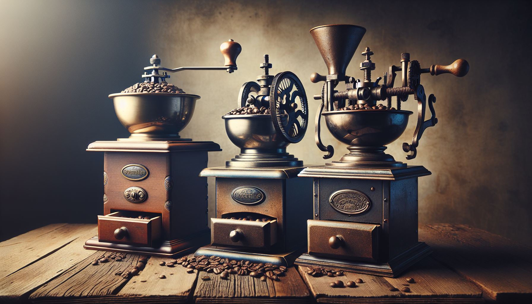 Three antique coffee grinders made of brass and wood, arranged on a rustic wooden table. The left grinder has a curved handle, the center grinder features a large wheel mechanism, and the right grinder has a funnel-like top. Coffee beans are scattered around the bases and inside the open drawers of each grinder, with soft, warm lighting highlighting their vintage details.