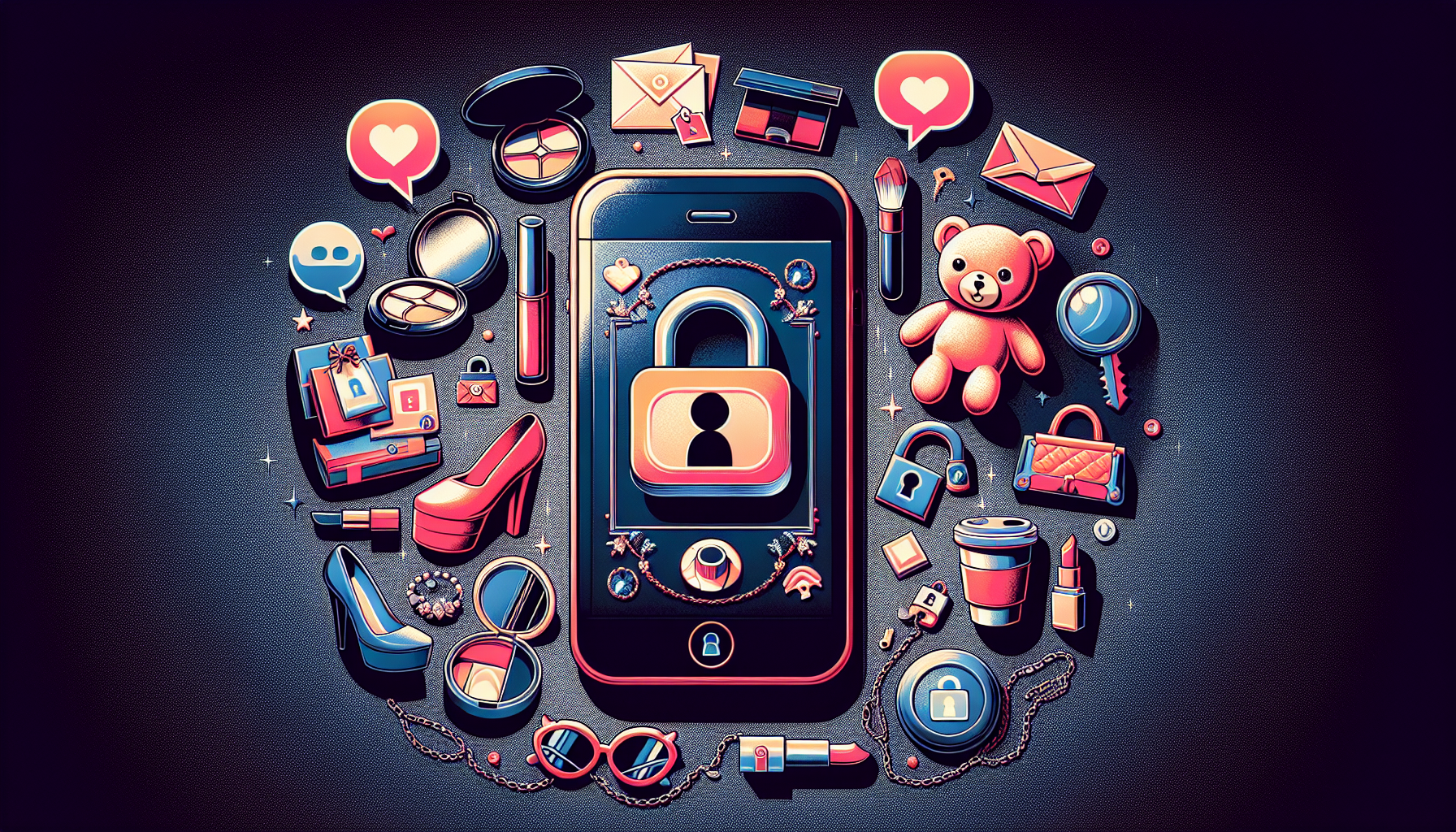 A smartphone surrounded by a variety of colorful icons, including makeup products, a teddy bear, gift boxes, and various locks, emphasizing themes of security and personal style.