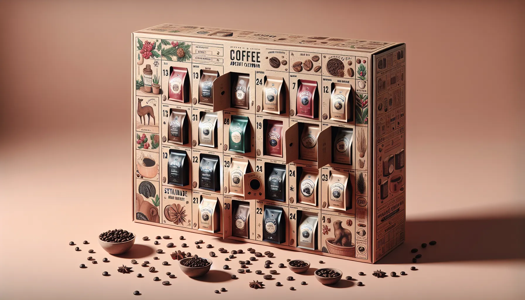 A beautifully designed coffee advent calendar showcasing various coffee bags behind numbered doors.