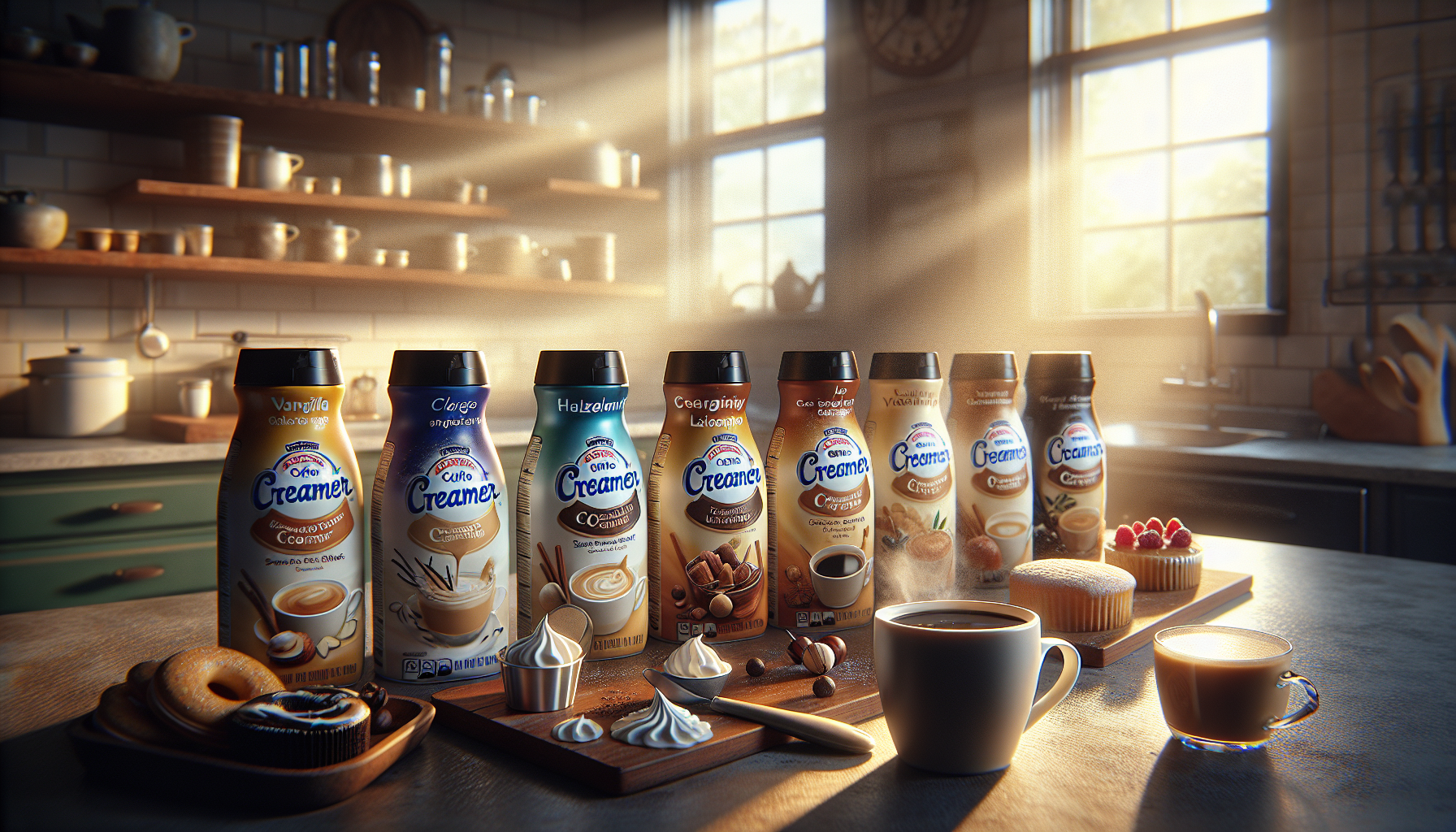 A kitchen countertop features a lineup of eight flavored coffee creamers in bottles, with labels including Vanilla, Hazelnut, and Caramel. In front, there's a steaming cup of coffee, a small cup of lighter coffee, a plate with two assorted donuts, and a dessert topped with raspberries. Soft sunlight streams through the windows, illuminating the scene.