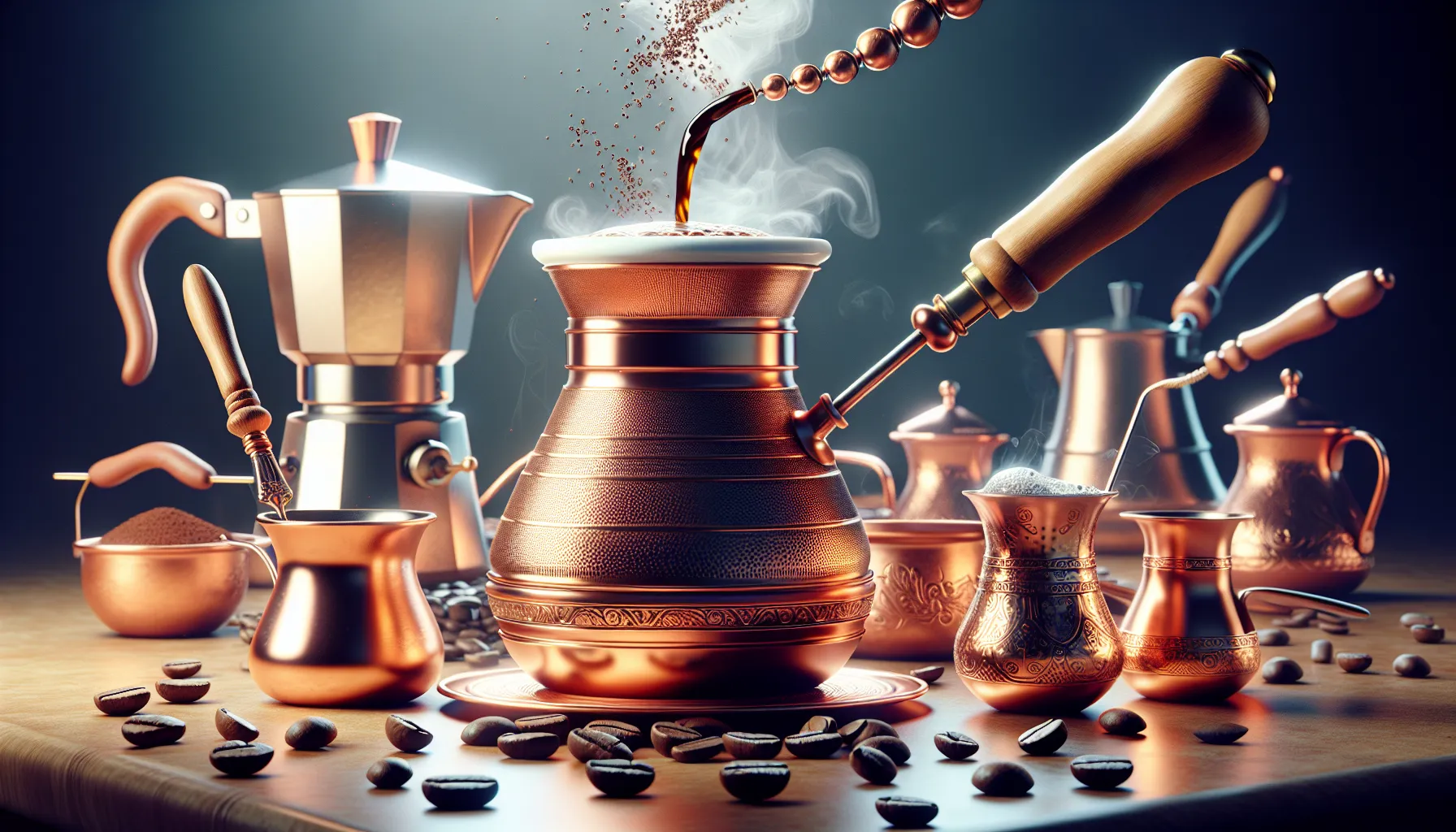 A collection of intricately designed copper coffee pots, a moka pot, and cups on a wooden surface with scattered coffee beans. Steam rises from one of the pots as coffee is being poured. The scene is warmly lit, emphasizing the metallic textures and rich colors.