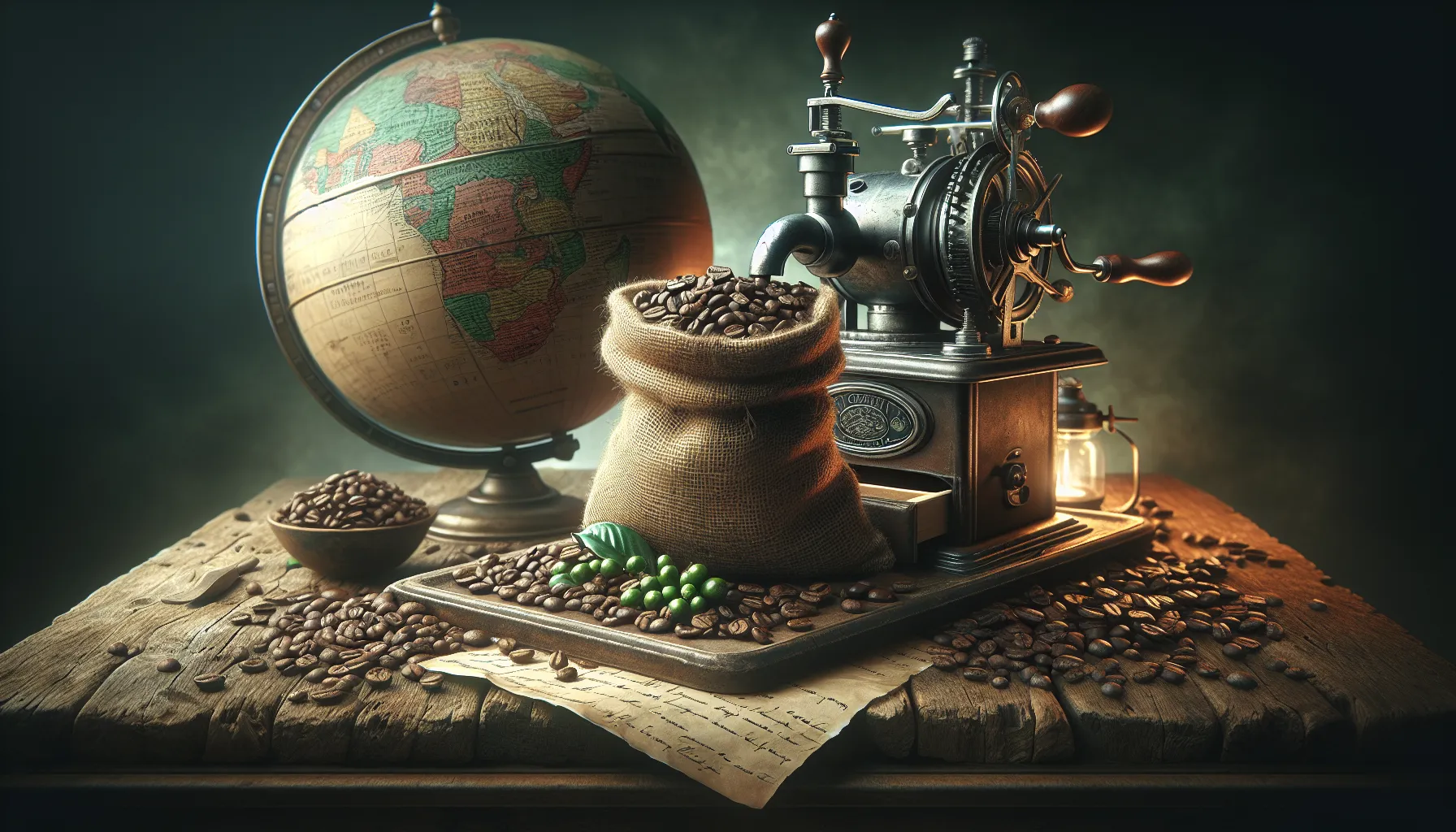 A vintage coffee grinder sits beside a globe and a burlap sack filled with coffee beans, surrounded by scattered beans and a few green coffee cherries, creating a cozy coffee bean corral atmosphere.