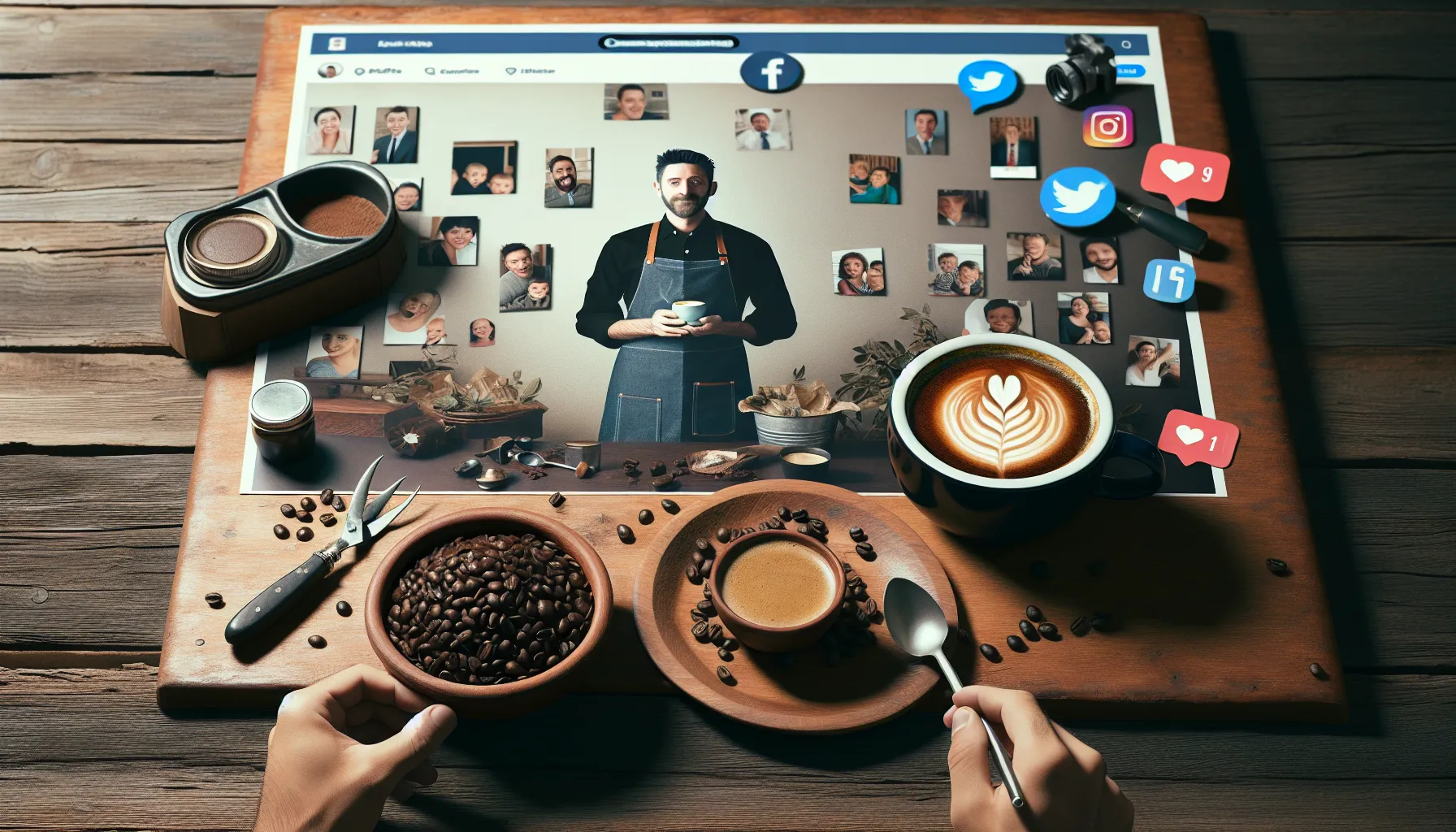 An engaging display featuring jason coffee, with brewing tools, beans, and a latte art cup.