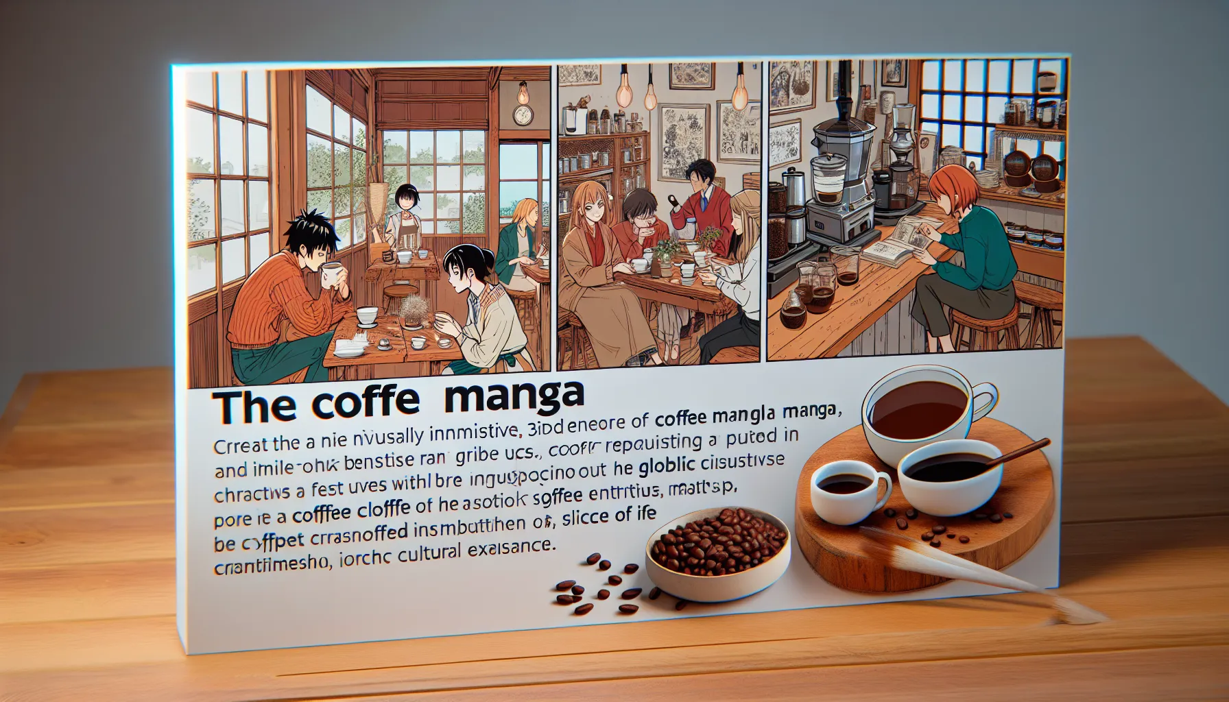 A colorful illustration featuring four panels depicting various scenes in a coffee shop. In the first panel, two individuals are engaged in conversation over coffee. The second panel shows a group of friends enjoying drinks at a table. The third panel depicts another pair of friends having a playful interaction. The final panel features a woman reading a book at the bar, surrounded by coffee brewing equipment. Below the illustrations, there’s text introducing a coffee manga concept, accompanied by images of coffee cups and beans on a wooden surface.