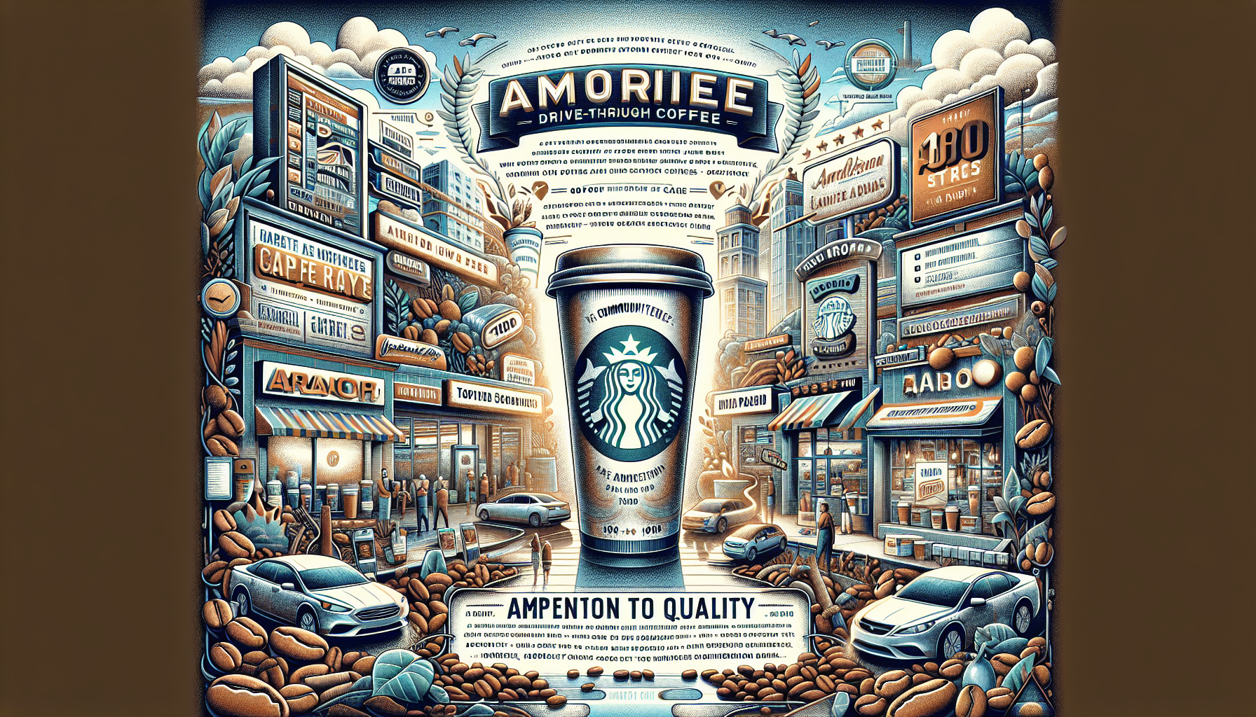 An intricately designed illustration featuring a vibrant street scene with various coffee shops, signs, and a large coffee cup in the foreground. The artwork showcases a mix of cars, coffee beans, and plants, creating a lively atmosphere centered around a drive-through coffee theme. The text 