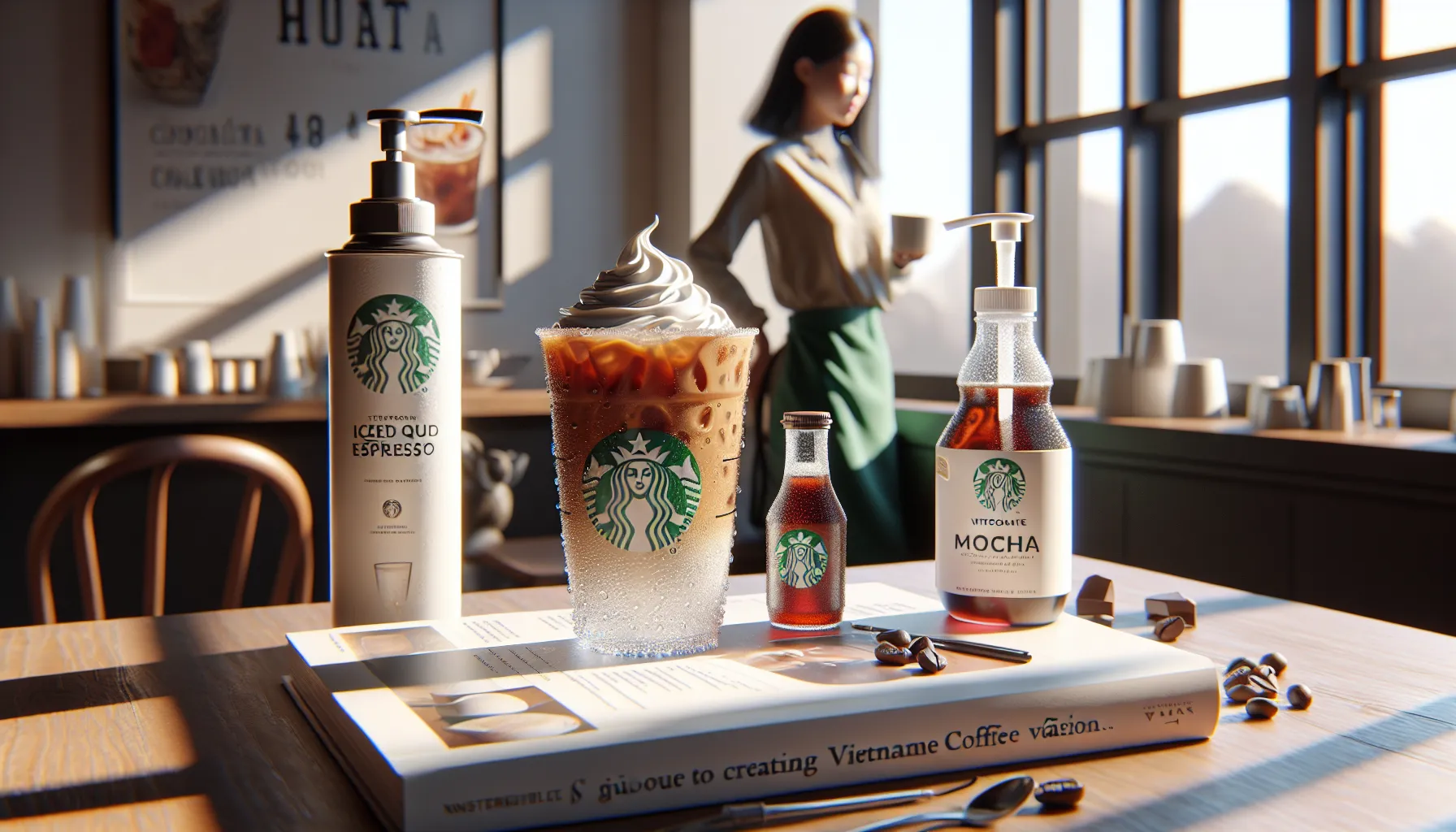 A vibrant display of Vietnamese coffee at Starbucks, featuring iced espresso and mocha syrups.