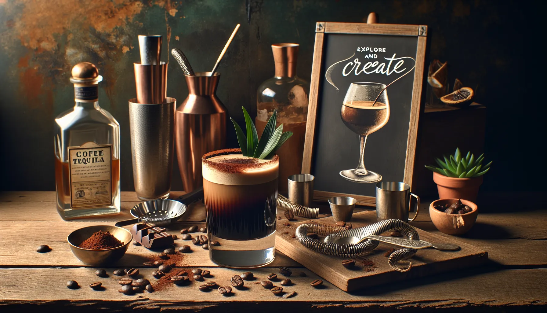 A beautifully styled setup featuring coffee tequila, a cocktail glass, and bar tools on a wooden surface.