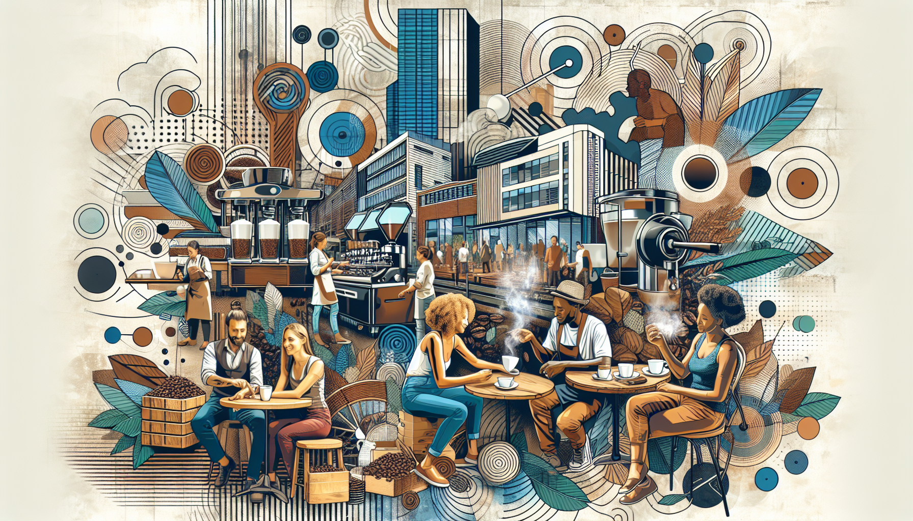 A vibrant illustration of a lively urban café scene featuring diverse people enjoying coffee, interacting, and working. Baristas prepare drinks behind a coffee counter, while customers engage in conversation at small tables. Surrounding elements include abstract patterns, coffee beans, and greenery, evoking a warm, inviting atmosphere. Buildings and pedestrians fill the background, enhancing the café's urban setting.